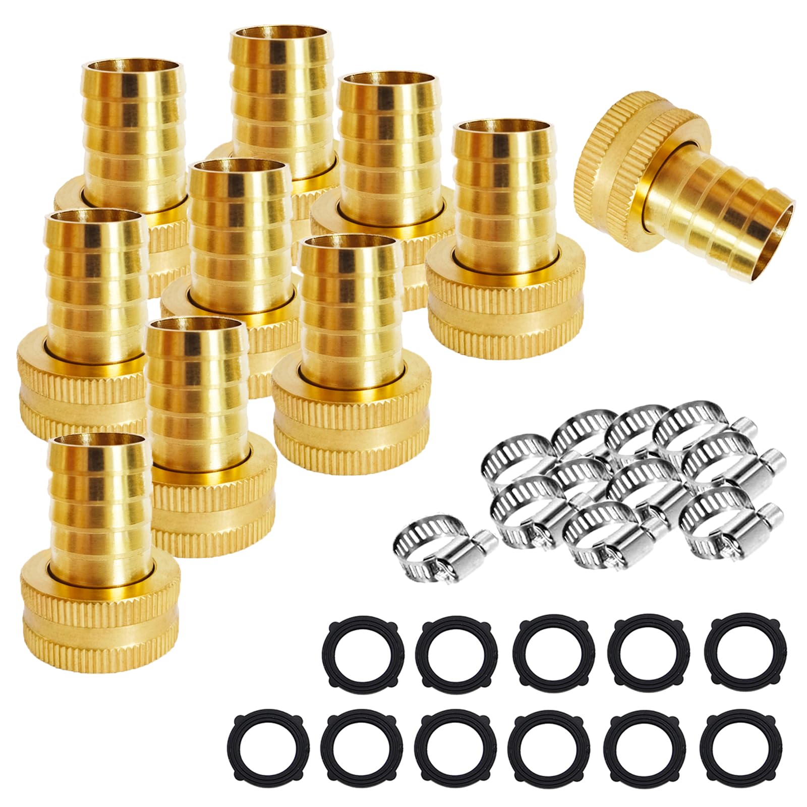 10 piezas de 1/2 pulgada x 3/4 pulgadas hembra de rosca GHT giratoria hexagonal de latón para manguera de agua de jardín, conector de cobre con abrazadera de acero inoxidable para