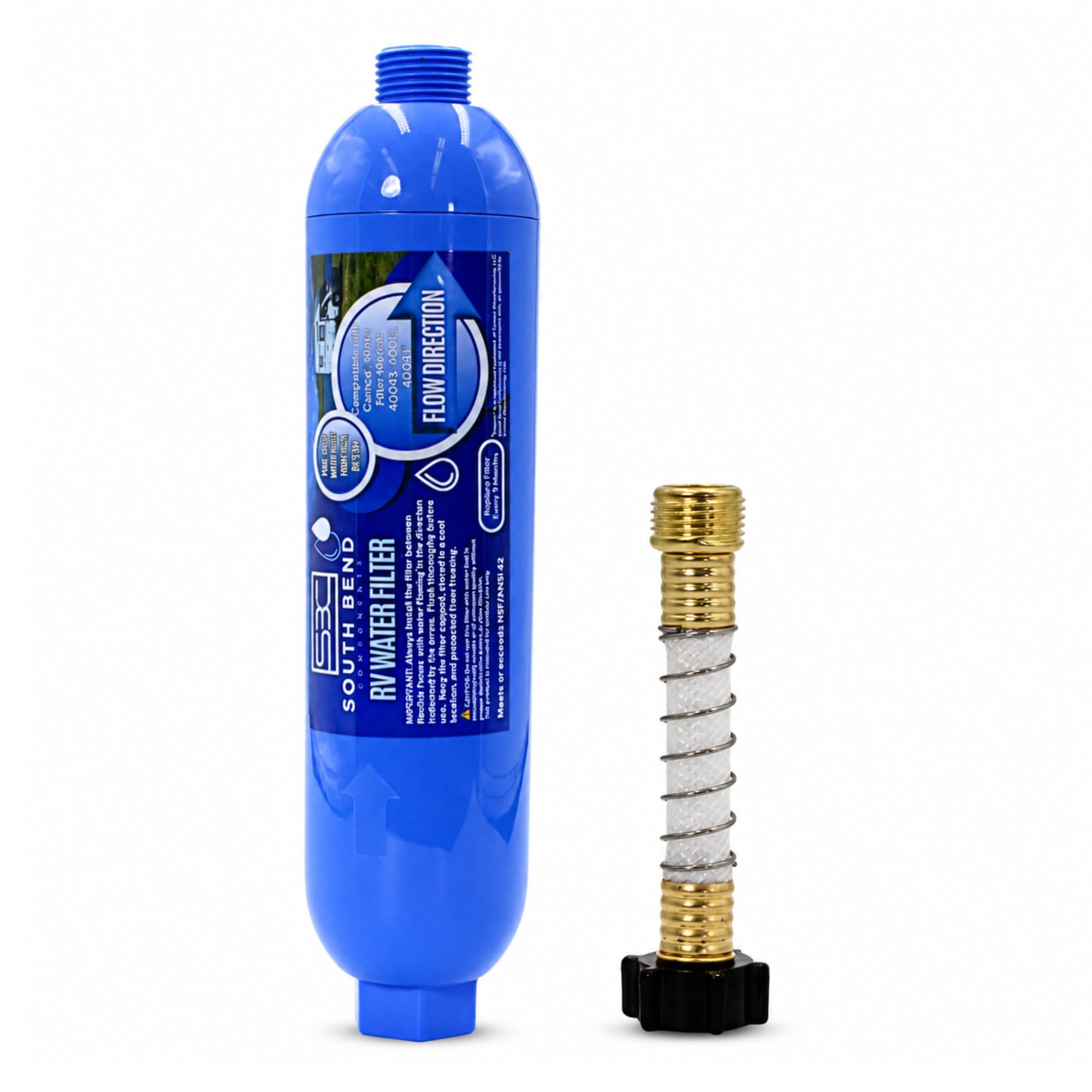 South Bend Components RV Water Filter, Inline System for Camper, Boat, Yacht Use, NSF Certified, Includes 3/4" Flexible Hose Protector, Compatible with Camco 40043, 40013, 4004, (1-Pack)