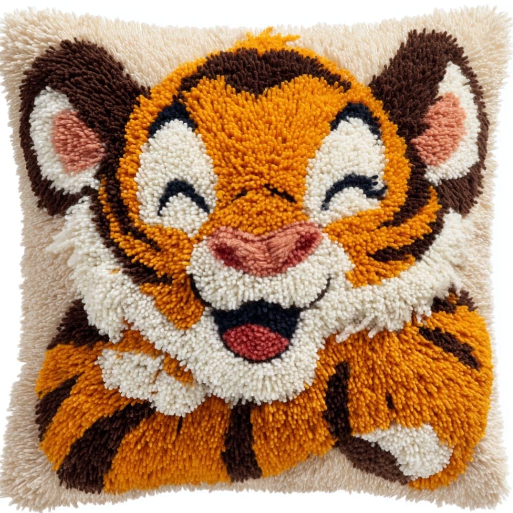 WallustrioaW DIY Latch Hook Pillow Kit,Tiger Pillowcase Kits Embroidery Kits 17X17 Inch DIY Needlework Pillow Cover Sofa Cushion Rug Making