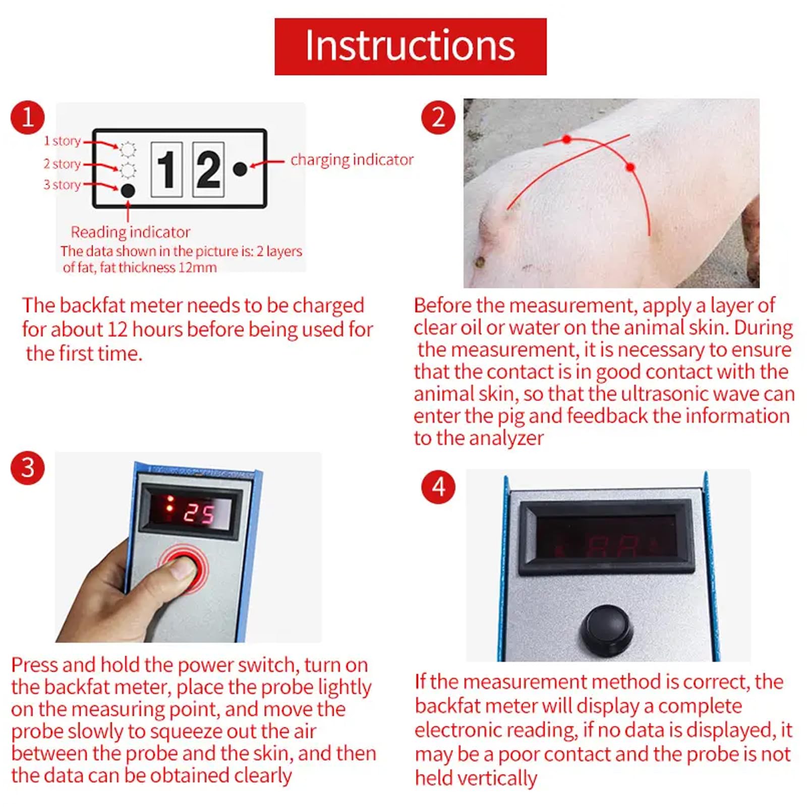 NGARY Probador De Medida De Grasa De Lomo De Cerdo para Ganado, Detector De Criterio De Medidor De Espesor De Grasa De Lomo Veterinario con Tres Luces Indicadoras, Rango De Medición De 4-45 Mm