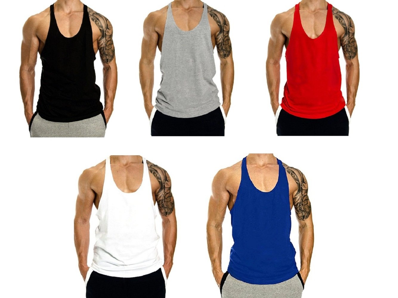 THE BLAZZEMen's Blank Stringer Y Back Bodybuilding Gym Tank Tops Pack of 5
