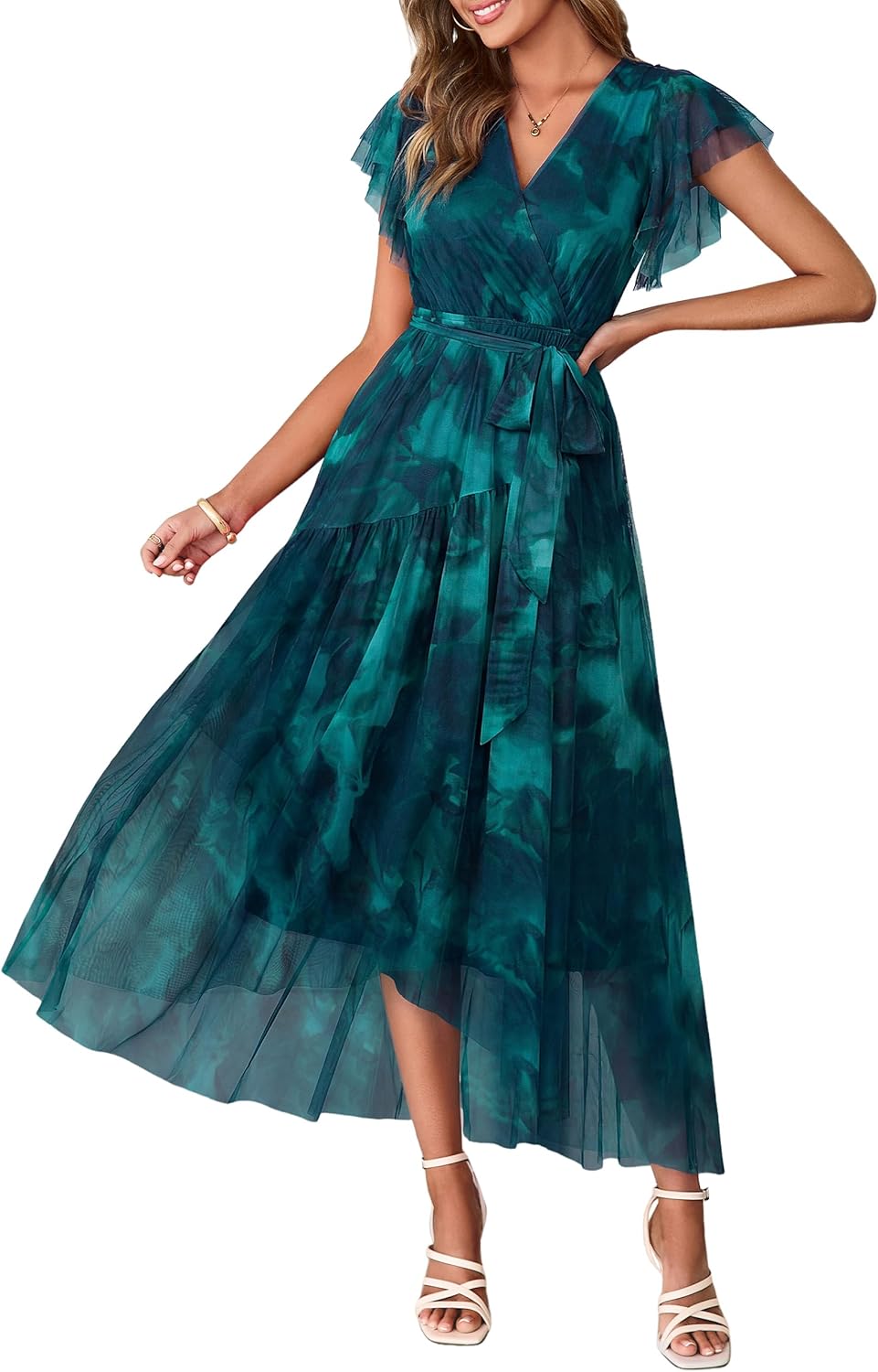 Simplee Womens Summer Floral Maxi Dress 2026 Short Sleeve V Neck Belted Mesh Hem Split Flowy Beach Wedding Guest Dresses