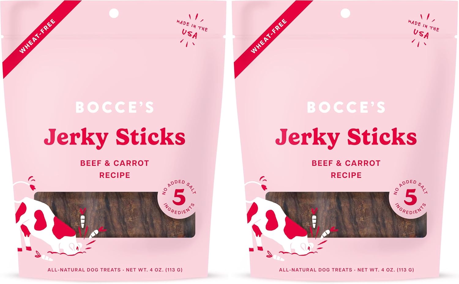 Bocce's Bakery Jerky Stick Dog Treats,Wheat-Free,Made with Limited-Ingredients,Baked in The USA with No Added Salt or Sugar,All-Naural & High-Protein,Beef & Carrot Recipe,4 oz,(Pack of 2)