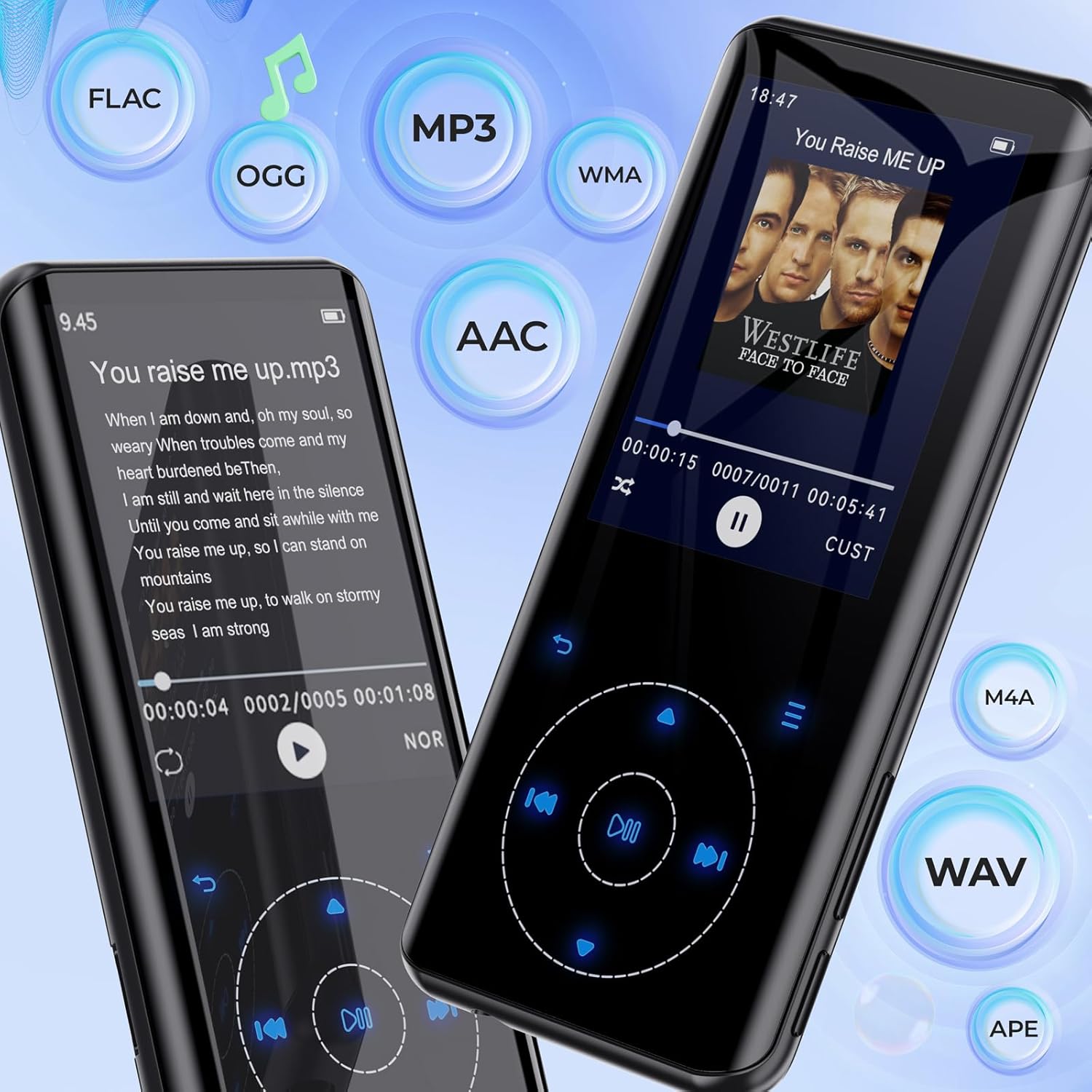 RUIZU D18 MP3 Player displaying supported audio formats