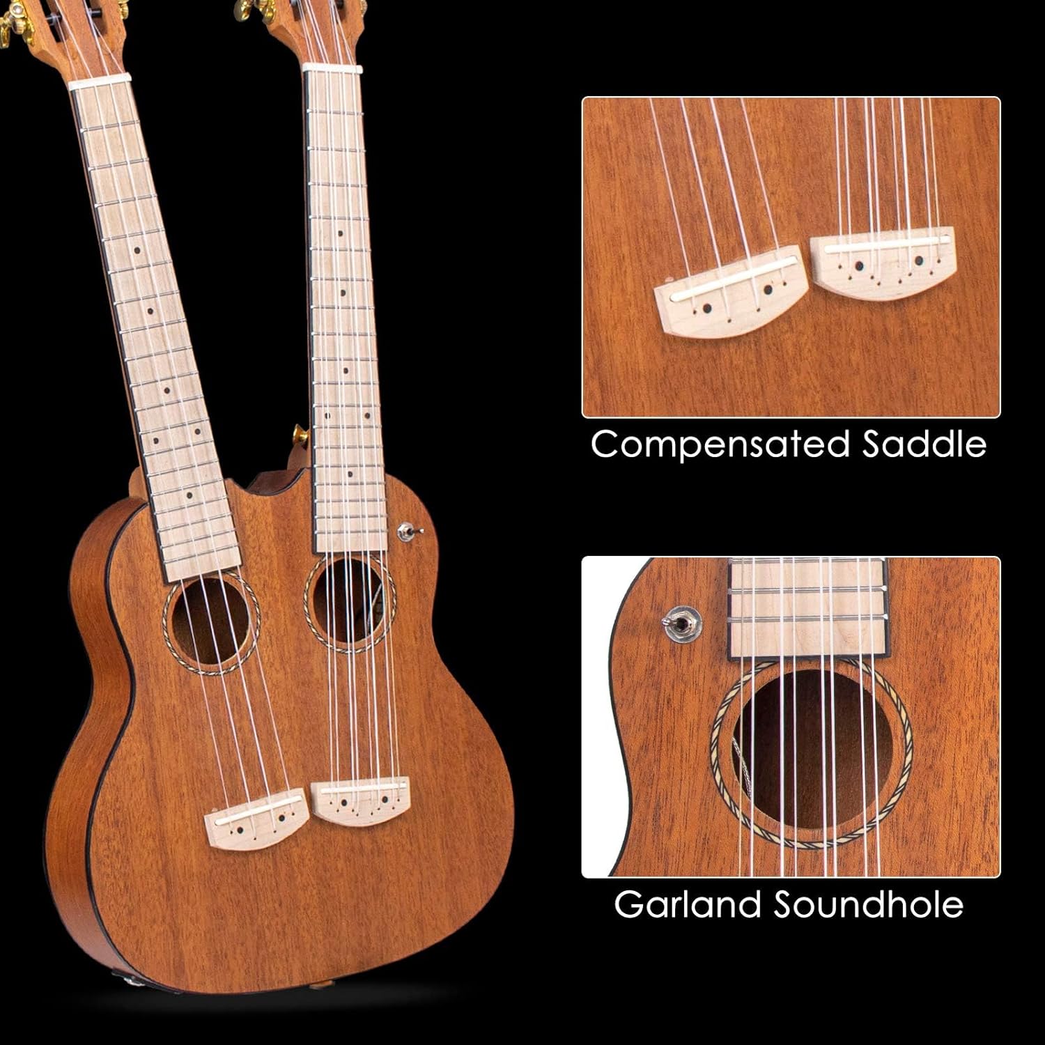Kmise Double Neck Electric Tenor Ukulele, 4 & 8 String, Mahogany, Professional, Unique Professional Made Dual Neck Headstock with Gig Bag (Double Neck)