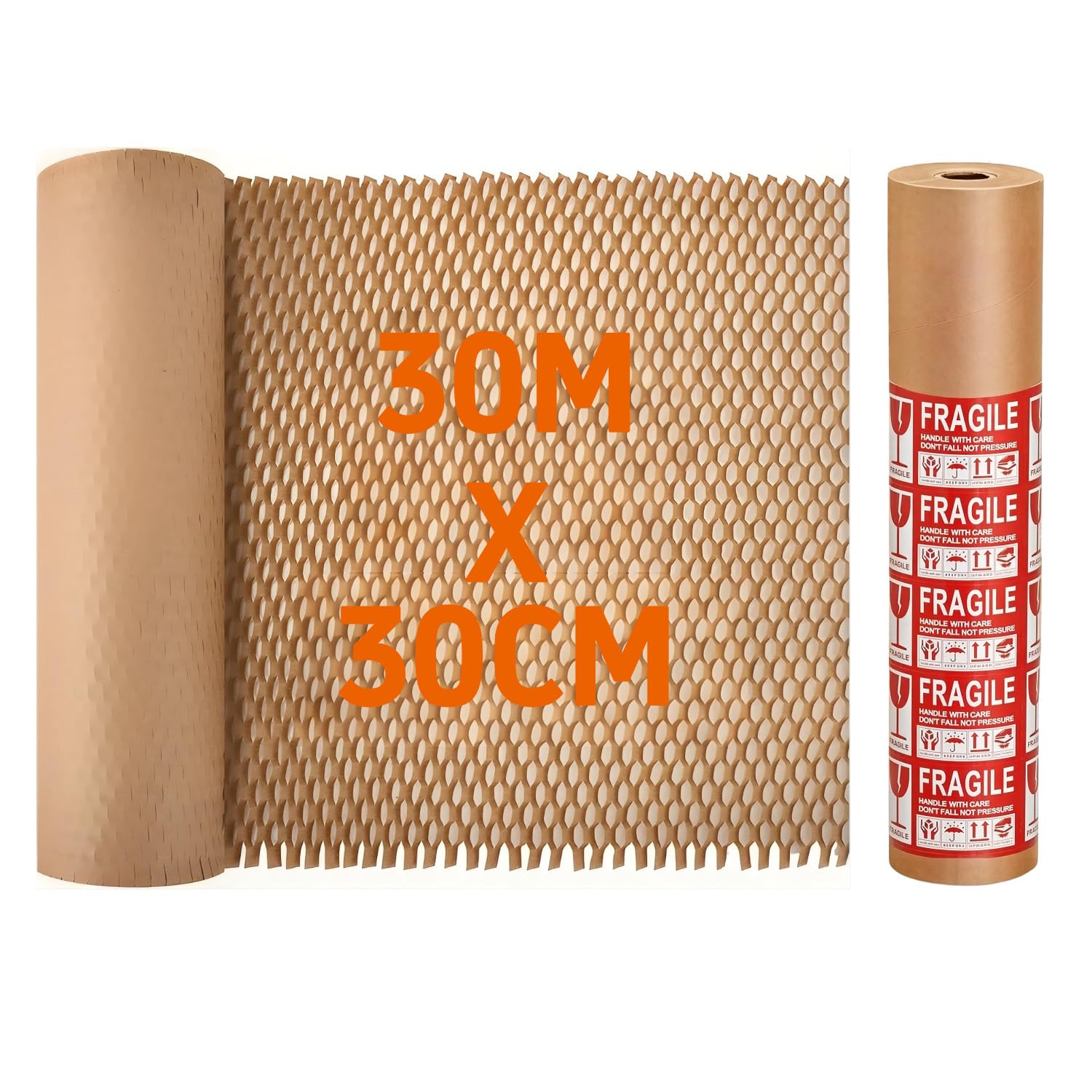 LJAPPLIED Honeycomb Packaging Paper Roll 30M x 30cm with Fragile Warning Sticker, Alternative to Bubble Wrap, Reusable Wrapping Paper for Shipping, Moving, Breakables and Gift