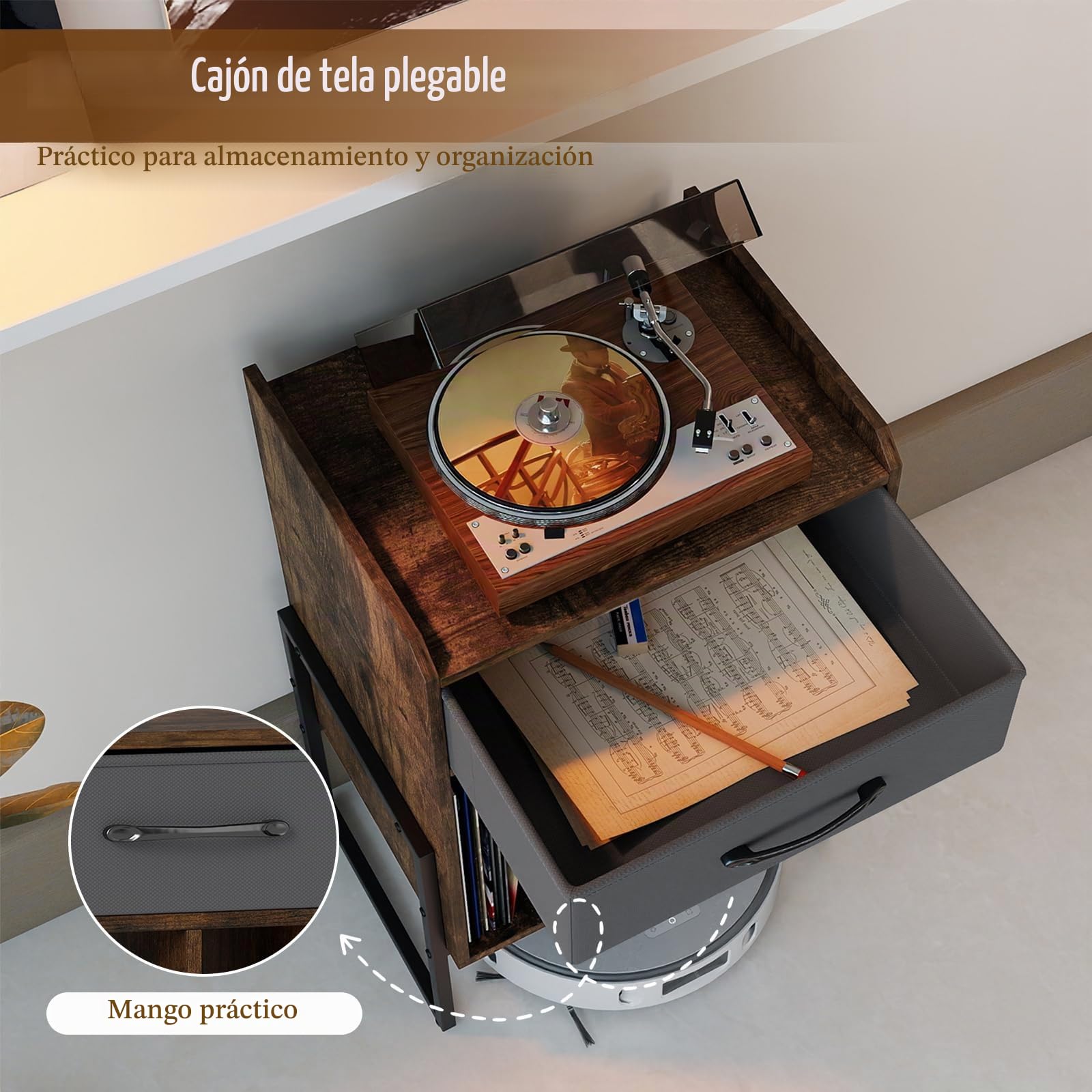 KOMFOTTEU Mueble para Tocadiscos con 4 Compartimentos y Cajón de Tela | Mesa para Tocadiscos con Patas Elevadas, Soporte de Discos de Vinilo para Sala de Estar, Dormitorio, 42 x 33 x 69 cm