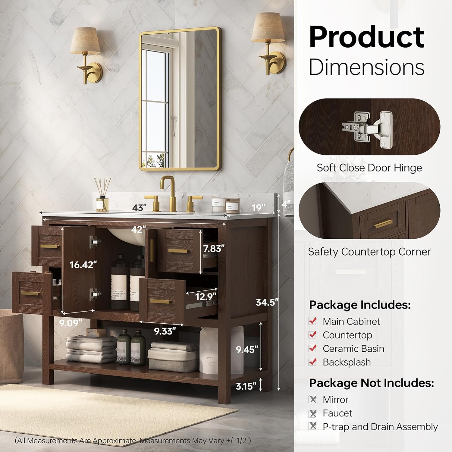 42 Inch Bathroom Vanity with Sink, Farmhouse Storage Cabinet with Drawers & Open Storage Shelf, Fully-Assembled, Soft-Closing Drawers and Adjustable Feet, Walnut
