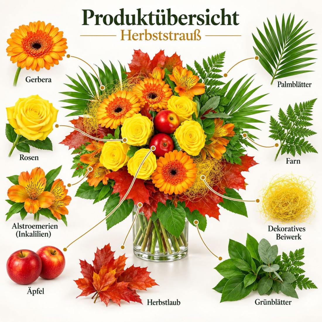 Premium Blumenstrauß Herbstsonne - Großer Herbststrauß mit Rosen, Gerbera, Alstromerien und Herbstdeko