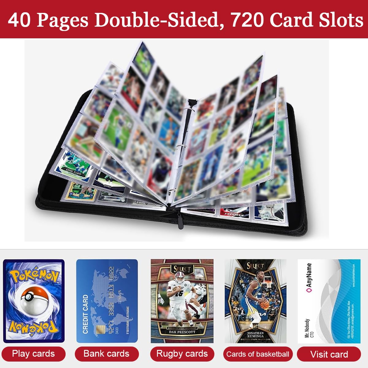 PATPAT 720 Pocket Football Cards Binder, 3 Years, PU Cover, Zipper 3