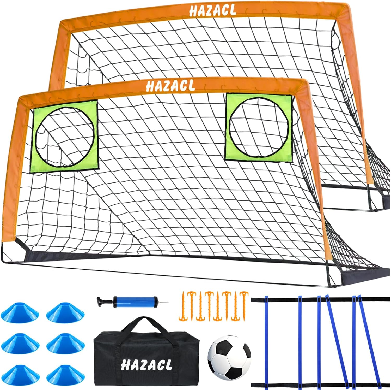 Kids Soccer Goal for Backyard, 6x4 9x5 FT Portable Soccer Nets Pop Up with Ball, Agility Ladder, Cones, Target & Carry Bag for Toddler Youth Outdoor Indoor Training Practice Sports Games Play Orange 6x4FT-2 Pcs