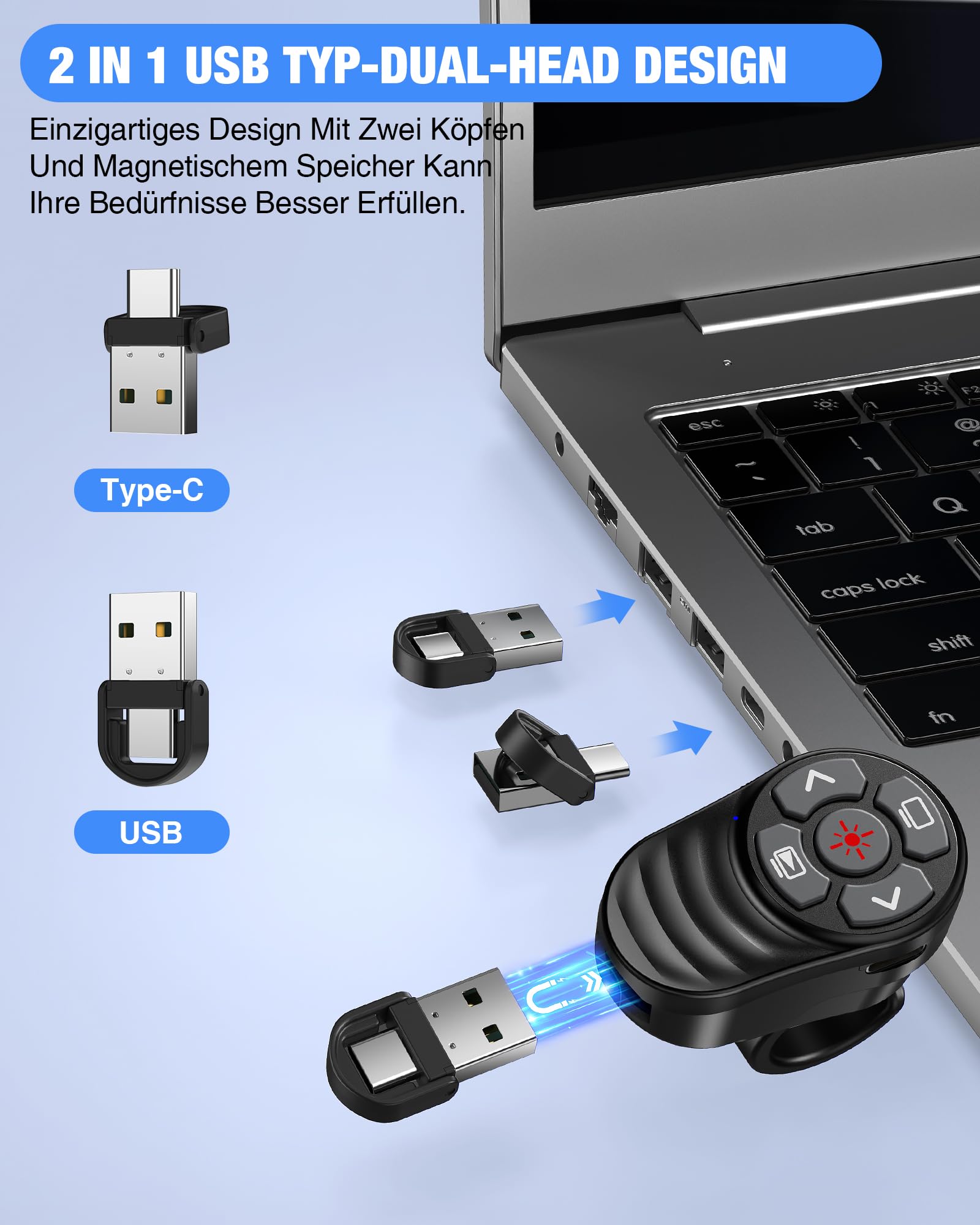 2 in 1 USB C Presentation Clicker, Wireless 2.4G Type C e USB ricevitore Presenter Clicker, puntatore per presentazioni Controllo del volume per Windows