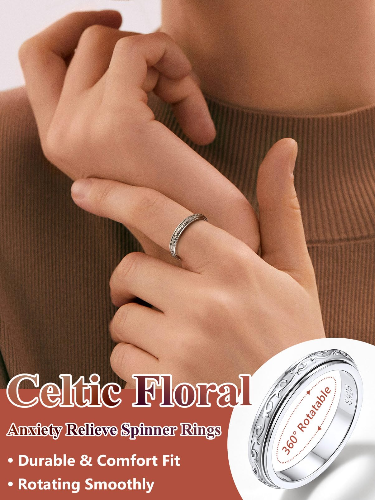 Silvora Bague Homme Argent 925 Anneau Tournante Femme Rotative Plaque Or [52/54/57/59/62/64/67-Chaine Cubain/Noeud Celtique/Lune et Etoile] Anti-stress Bague Anxiete Garcon Fille Accessoir Fidget