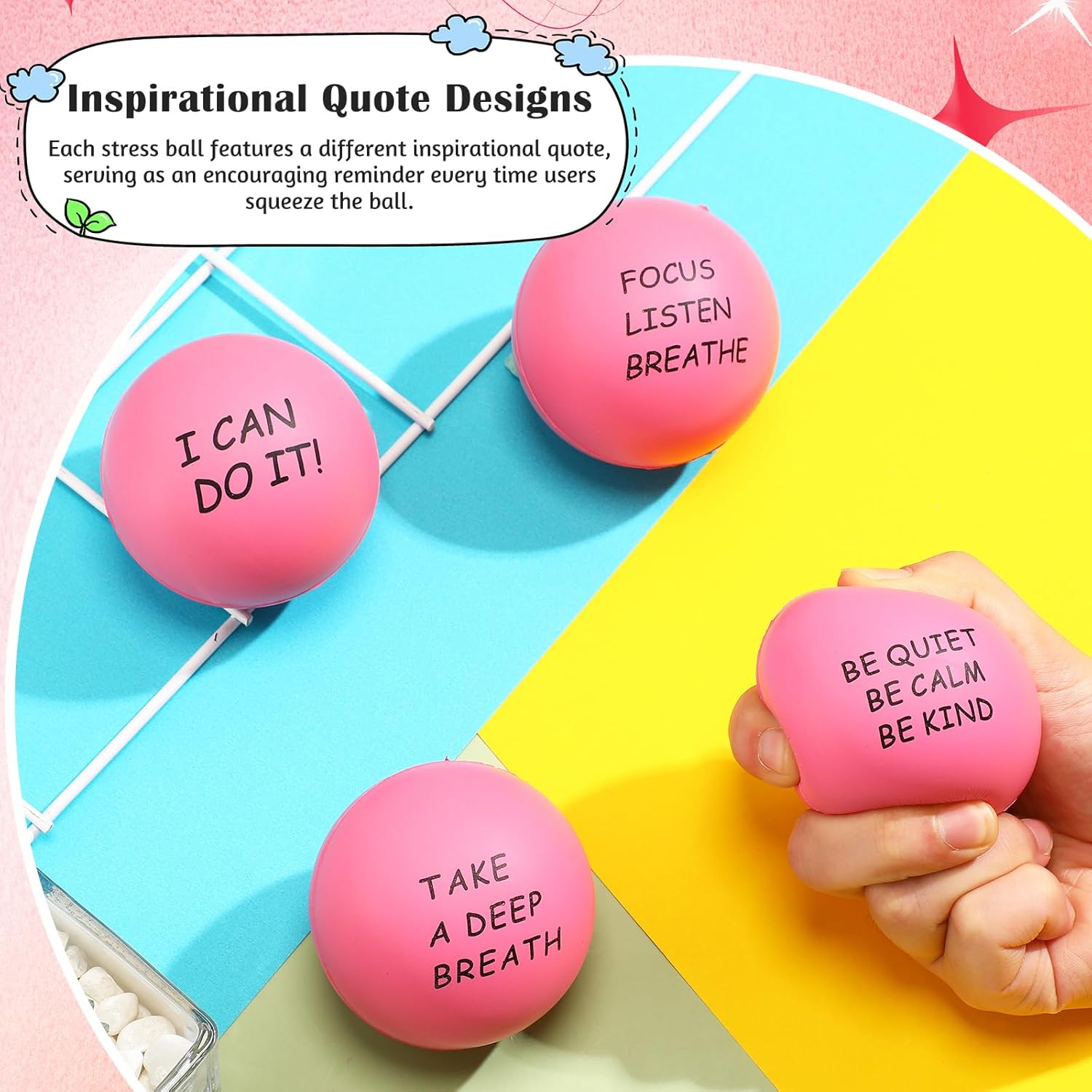 Ceenna 4 Pcs Motivational Stress Balls for Adults 2.5 Inch Stress Relief Balls with Inspirational Quotes for Encouraging Motivating Hand Exercise Anxiety Anger Tension Fidget Manage (Pink)