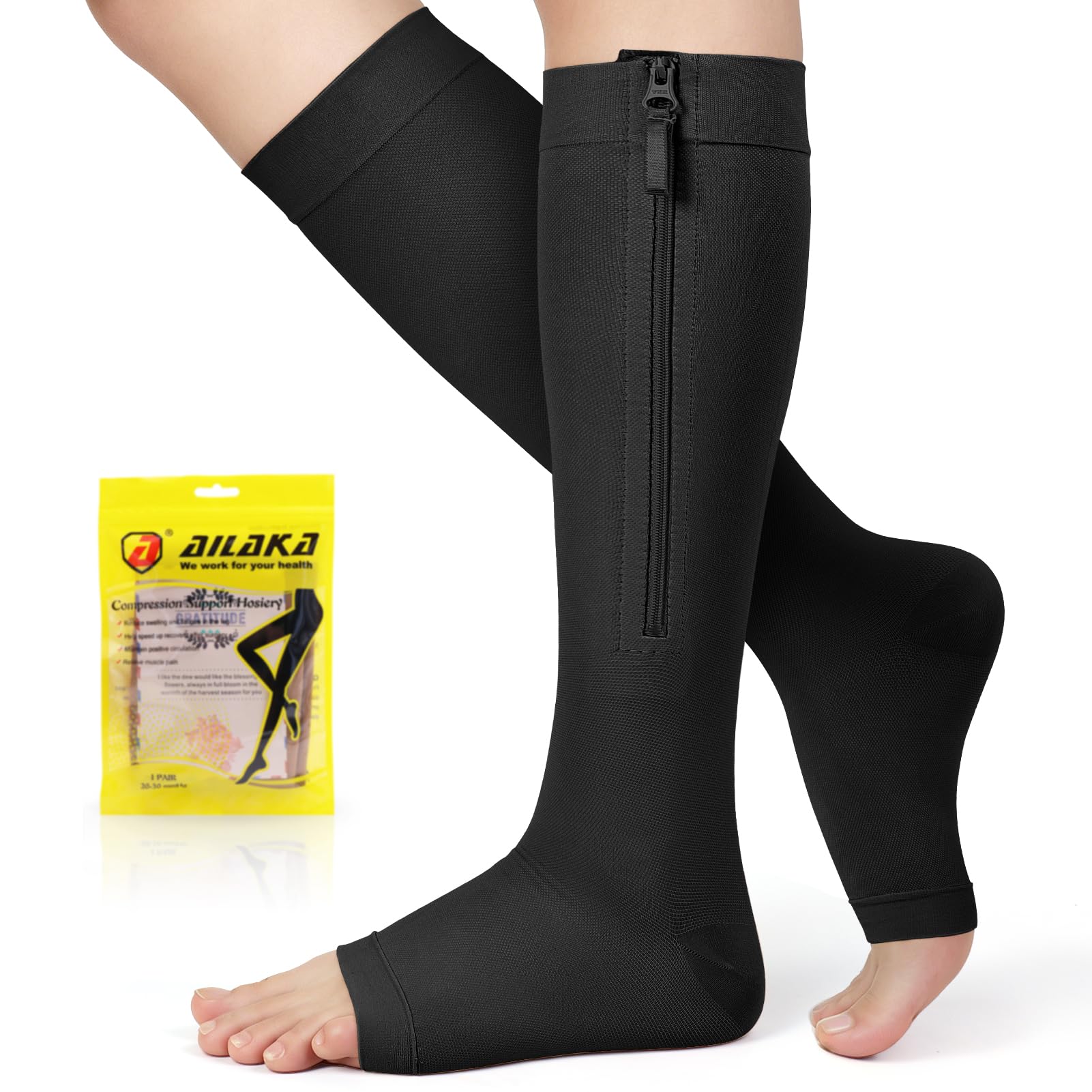 Ailaka Medical Zipper Kompressions-Wadensocken 20-30 mmHg für Frauen und Männer, kniehohe, offene Zehen, feste Unterstützung abgestufte Krampfadern Strumpfwaren für Ödeme, Schwellungen