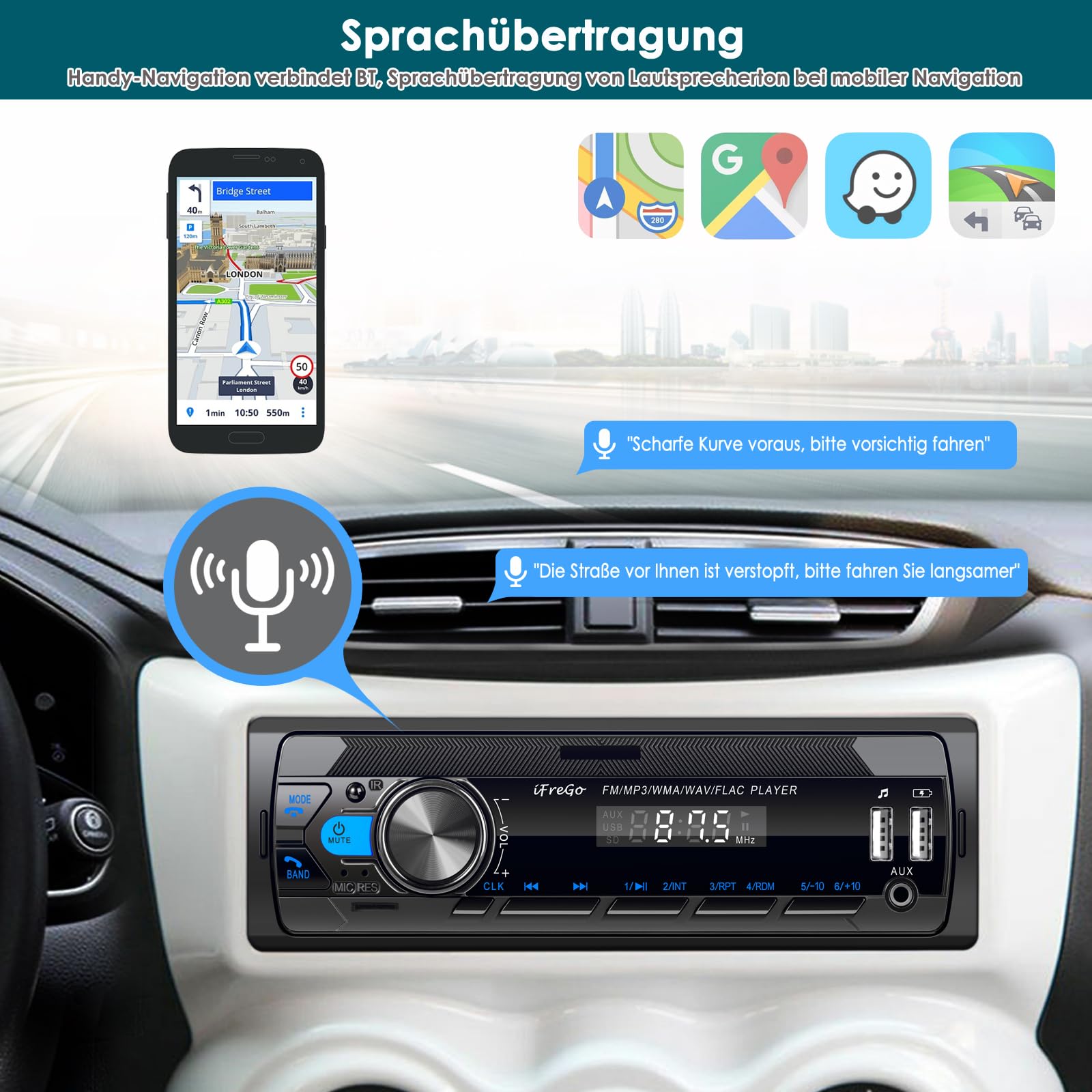 Autoradio Bluetooth 5.0, 7 Farben Auto Radio Bluetooth Freisprecheinrichtung, Autoradio 1Din mit 2 USB/TF/MP3 Player/AUX, FM Radio mit Schnellladefunktion,4x65W,Uhrzeitanzeige (Keine CD)