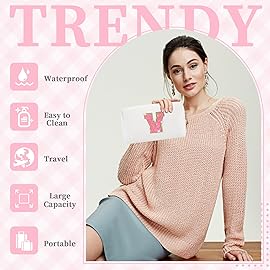 Small Personalized Initial A-Z Patch Makeup Bag,White Cute PU Leather Glitter Letter Cosmetic Bag for Teen Girls,Travel Toiletry Bag with Zipper,Preppy Monogrammed Birthday Gift for Daughter Niece V