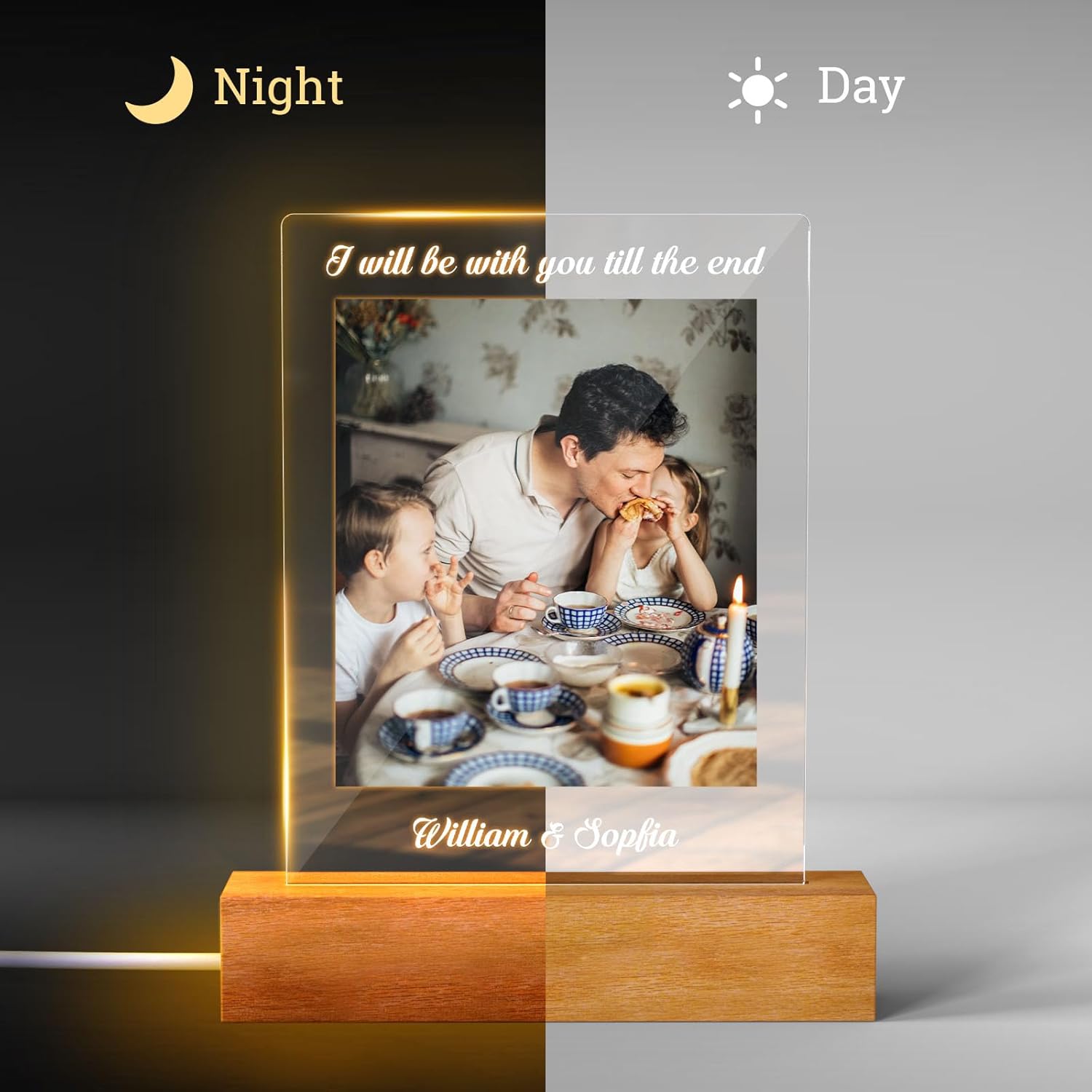 Personalized Photo Lamp 3D LED Light Engraved Name Words Custom Light Up Sign Acrylic Plaque Wooden Stand Night Light Table Lamp for Mom Dad Boys Girls Birthday Anniversary Father's Day Wedding Gift
