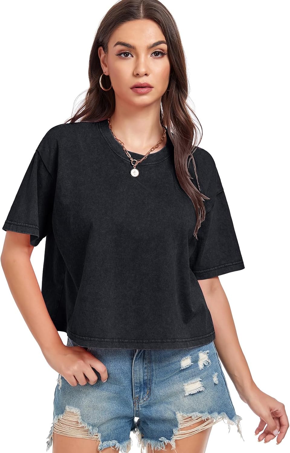 Womens Cropped Tops Acid Wash Short Sleeve T-Shirt Baggy Cotton Tee Vintage Round Neck Basic Tees Casual Shirts - Image 3