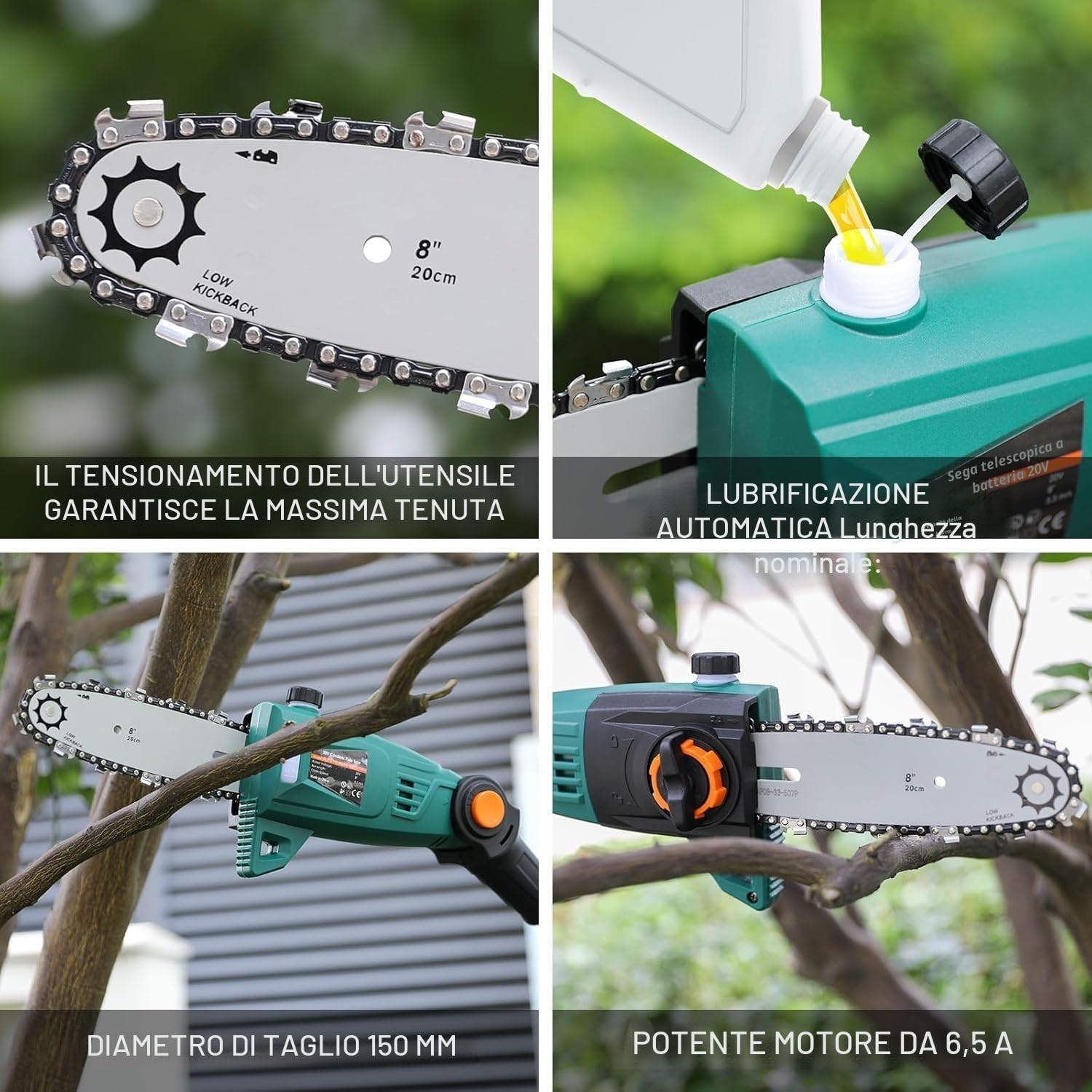 Potatore Telescopico, Sega Potatrice Elettrica, Sega ad Asta a Batteria, Batteria 20V 4Ah e Caricabatterie, Lama 20cm, Velocità Catena 5 m/s, Auto-Lubrificante, Testa Inclinabile, incl. Tracolla, 4 M