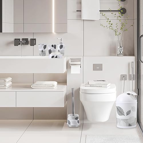 Miniatura 5 de Juego de 8 piezas de color gris, con soporte y recipiente para cepillos de dientes, dispensador de jabón, jabonera, cepillo de inodoro, cubo de