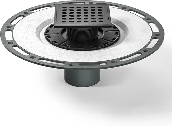 Bernkot Square Shower Drain, 4" Matte Black 304 Stainless Steel Drain Grate Removable Drain Key with PVC Bonding Flange Base for Low Profile Floor Tiles, CUPC Certified