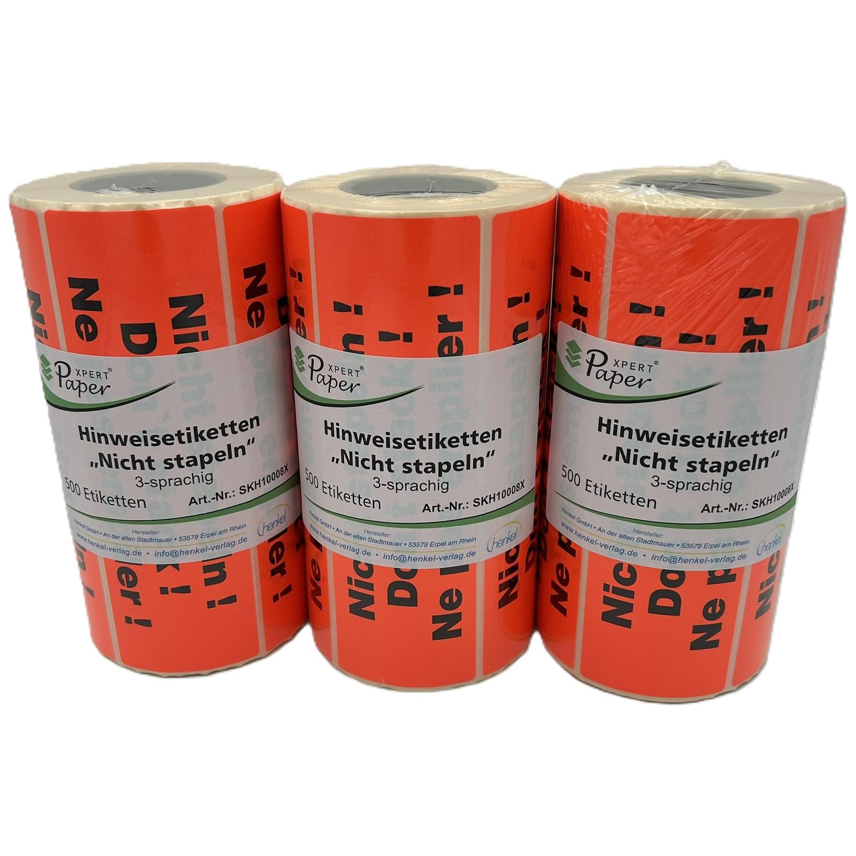 Hinweisetiketten - "Nicht stapeln" | Multipack: 3 Rolle à 500 Stück | 149 x 48 mm | Leuchtfarbe | Stark haftend | Warnetiketten/Versandetiketten | Premium Markenqualität – Made in Germany