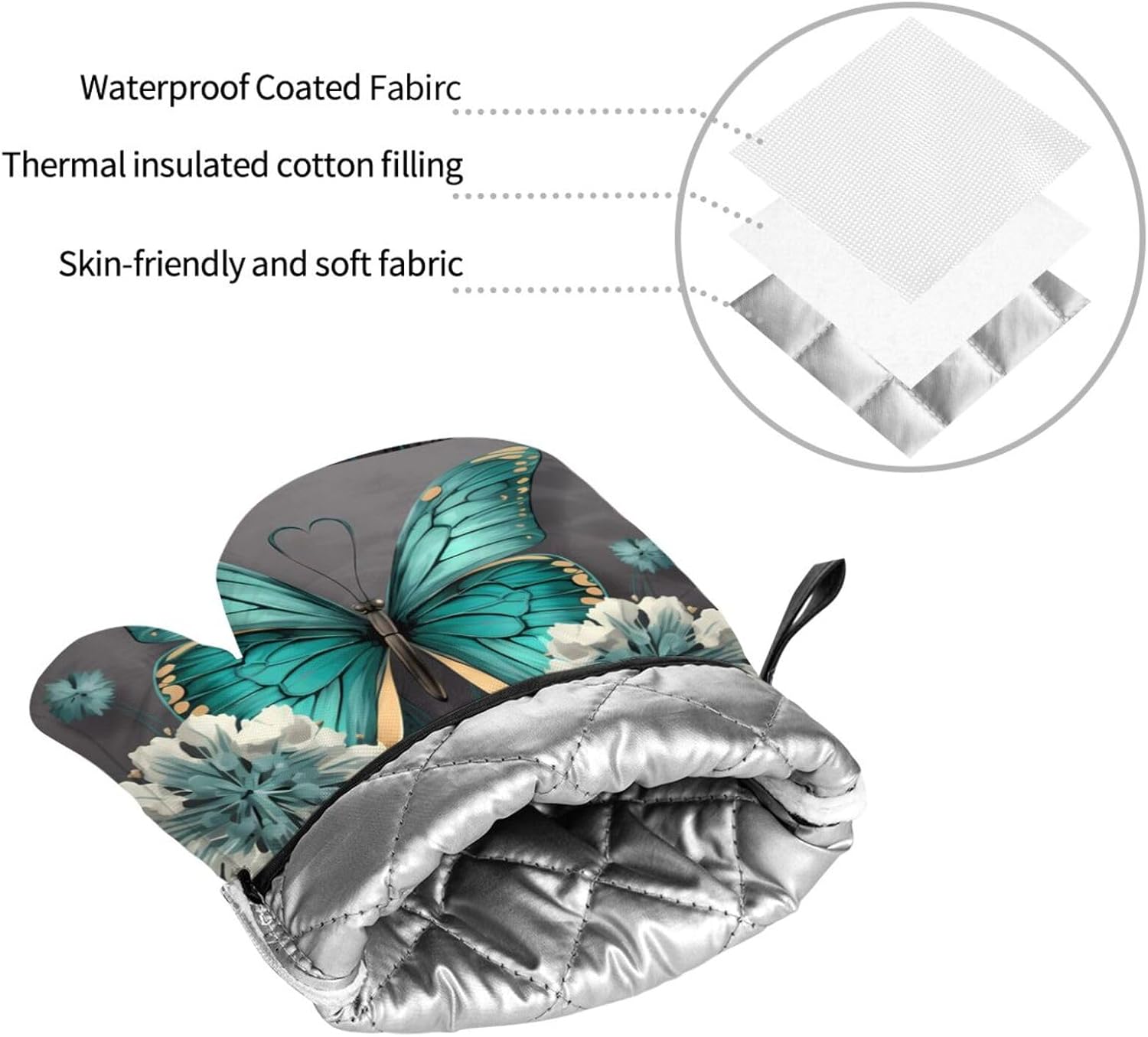(Gray Teal Flower Butterfly) Baking 4-Piece Set: 2 Oven Mitts and 2 Pot Holders Heat Resistant Waterproof Hanging Loop for Kitchen Oven Grill Housewarming Gifts