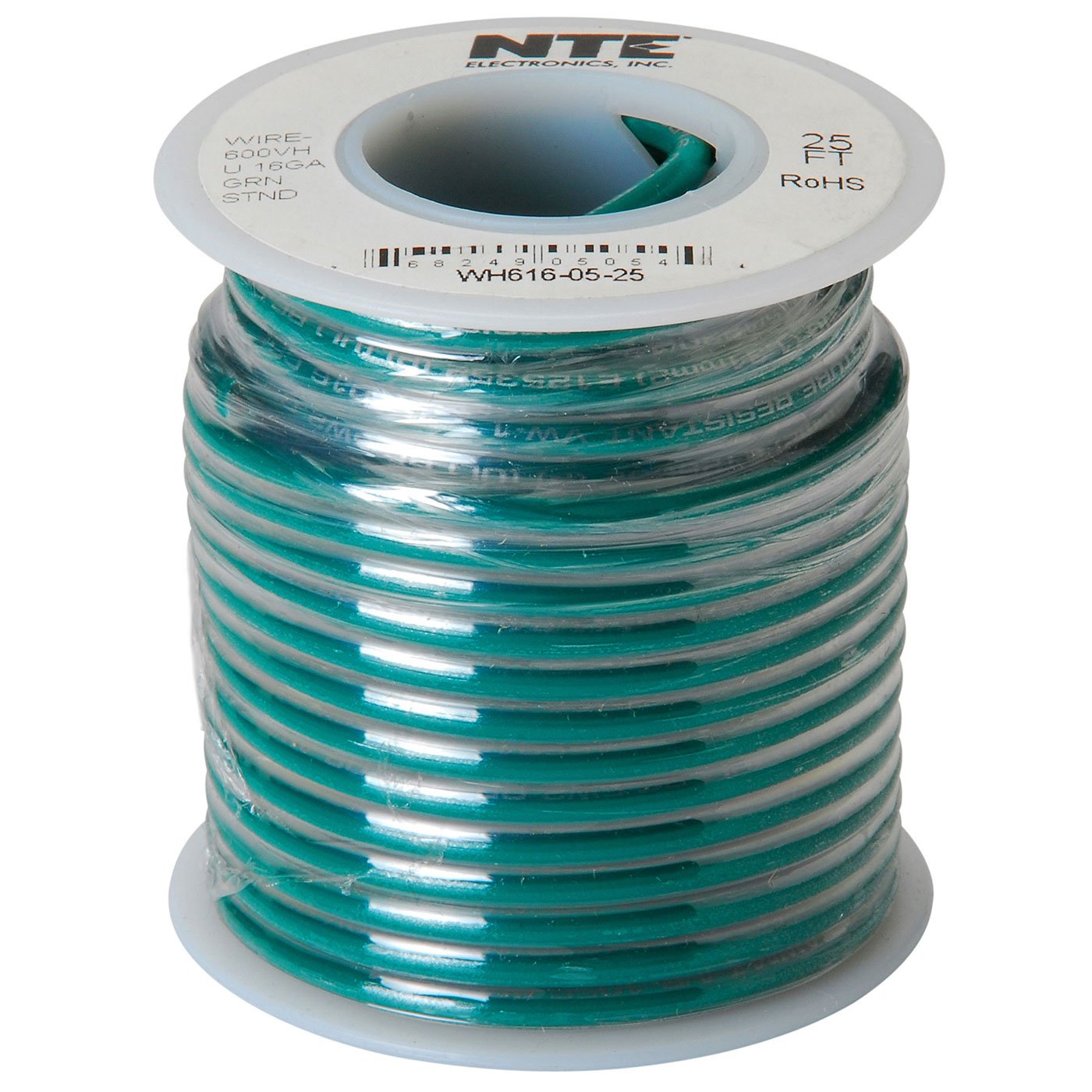 NTE Electronics WH6160525 Hook Up Wire, Stranded, Type 16 Gauge, 25' Length, 600V, Green