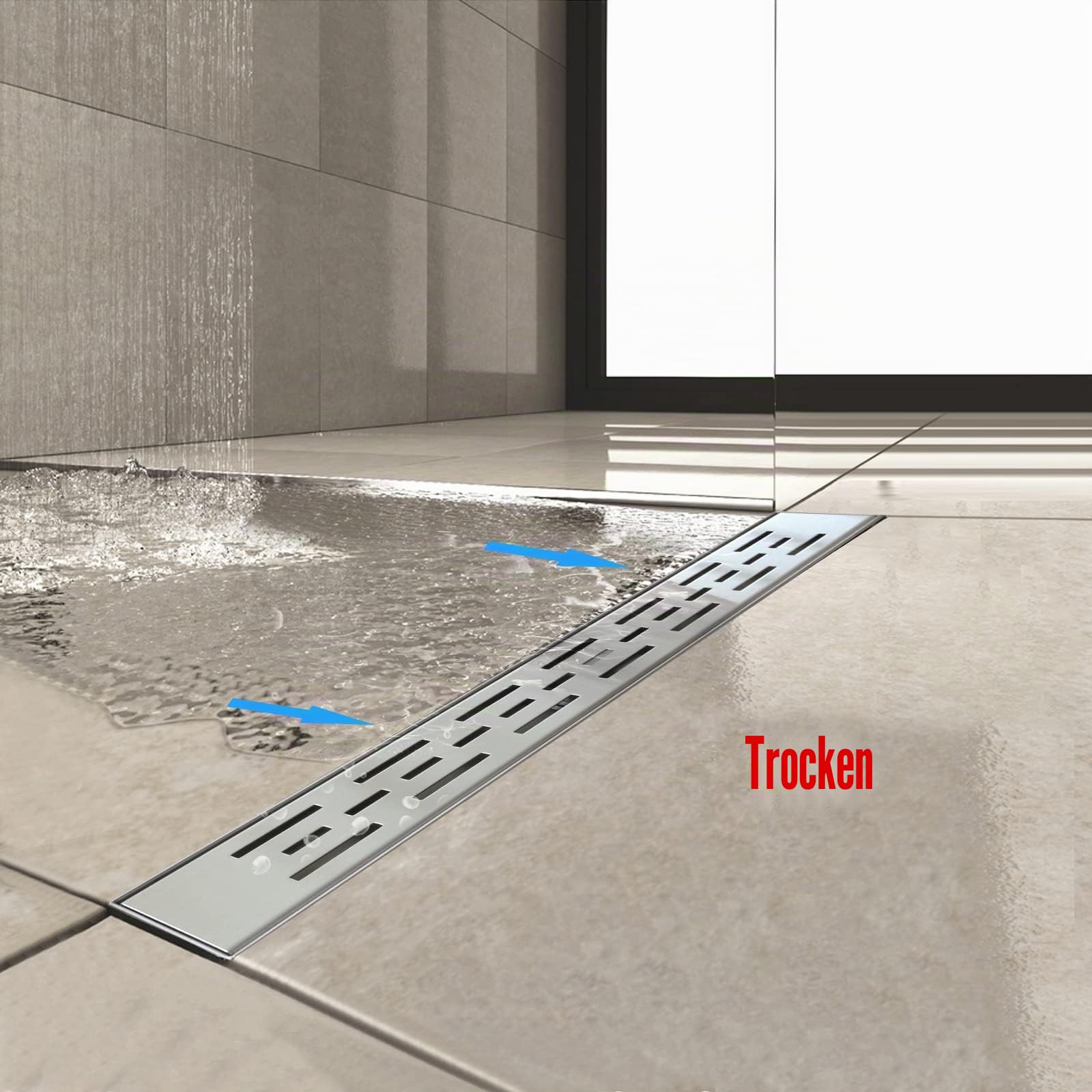 Duschrinne, Strips Duschrinne extra flach 90 cm, Edelstahl Bodenablauf Komplettset mit Siphon Haarsieb…