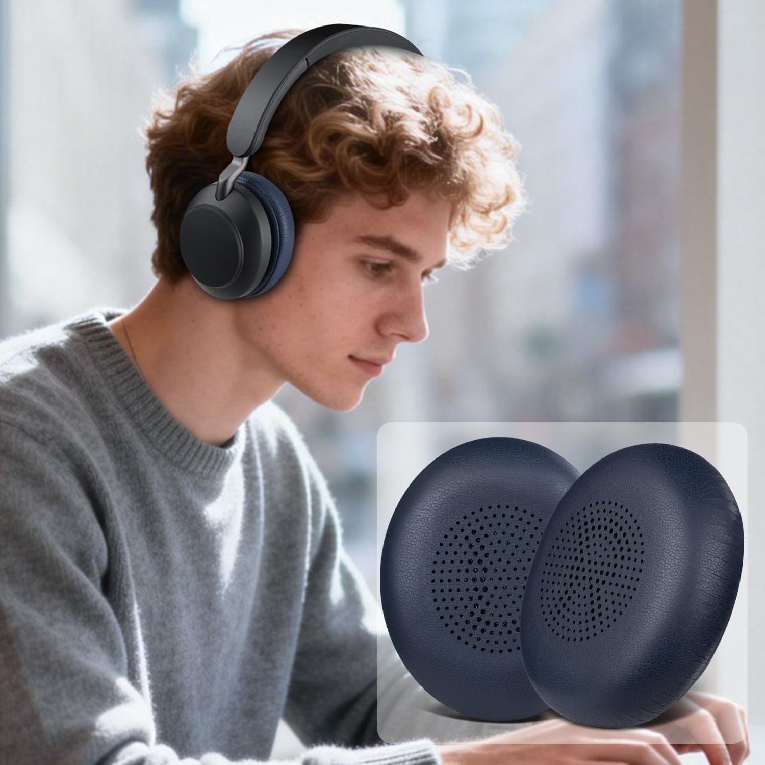 SOULWIT Earpads Replacement for Jabra Evolve2 65 (Evolve 2 65MS 65UC MS UC)/Evolve2 40 (40UC 40MS USB)/Elite 45h On-Ear Wireless Headset, Ear Pads Cushions with Softer Protein Leather - Navy Blue - Image 6