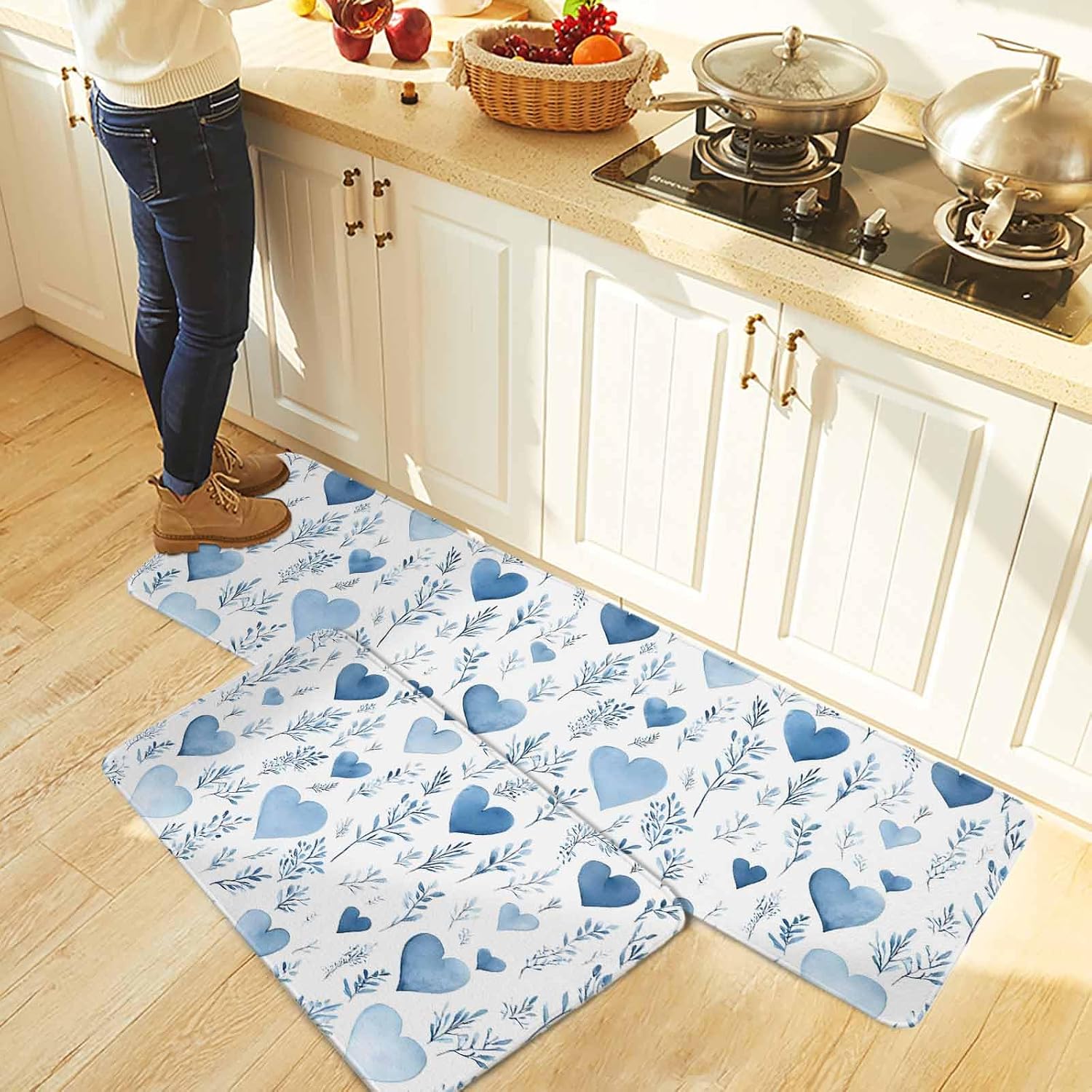Valentine's Day Blue Kitchen Rugs and Mats Set of 2, Non-Slip Kitchen Sink Mat, Spring Love Leaves Botanical Washable Doormat Bathroom Rugs Runner for Bedroom/Living Room 19.7"x23.6"+19.7"x47.2"