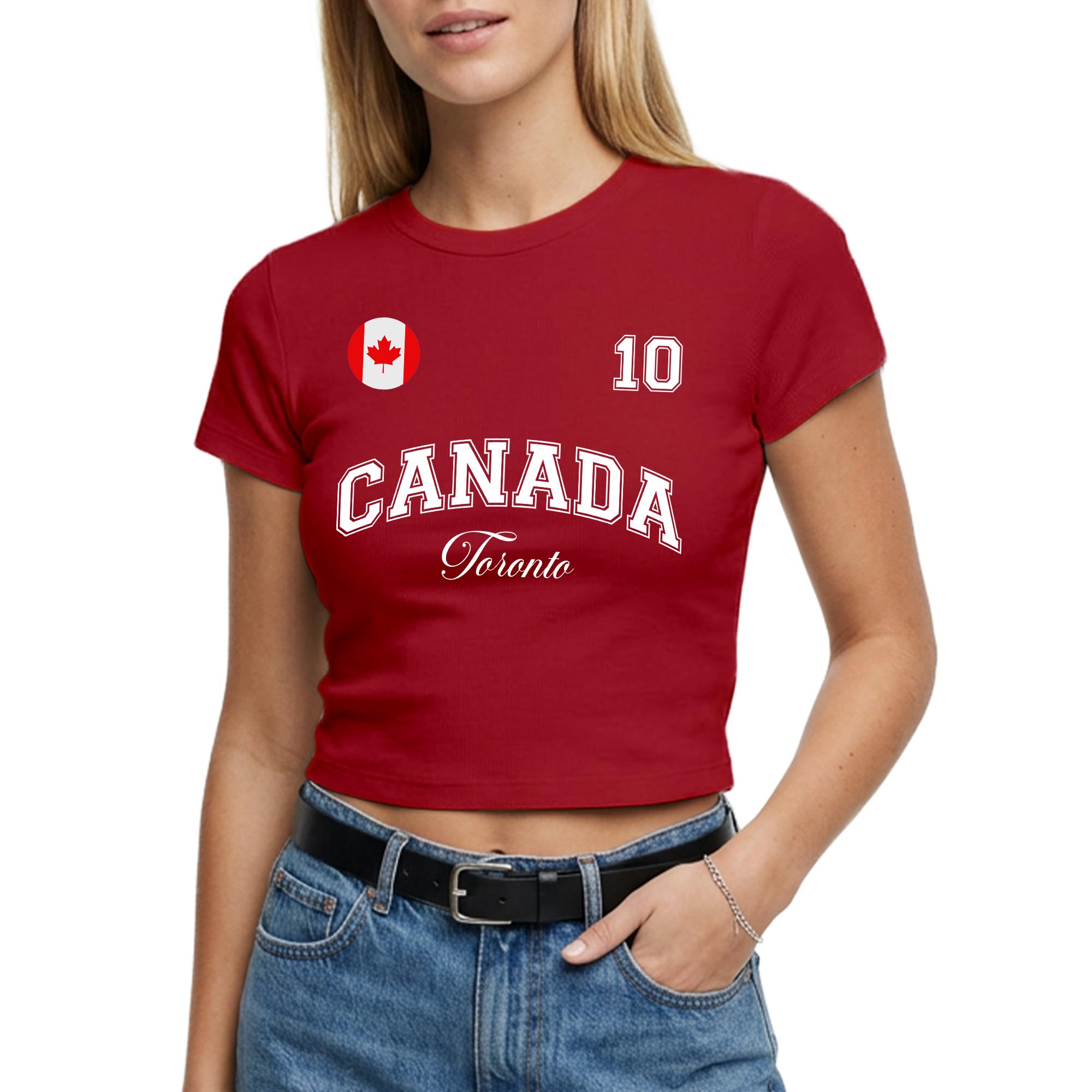 Canada Womens Baby Tee Custom Canadian City Name Number Badge Short Top Ladies Football Tshirt Fan Gift, XS, Red