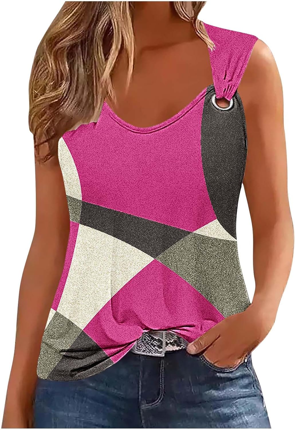 Womens Tank Tops Crewneck Loose Fit Color Block Going Out Tee Tshirt Fashion Casual Summer Beach Sleeveless Shirts