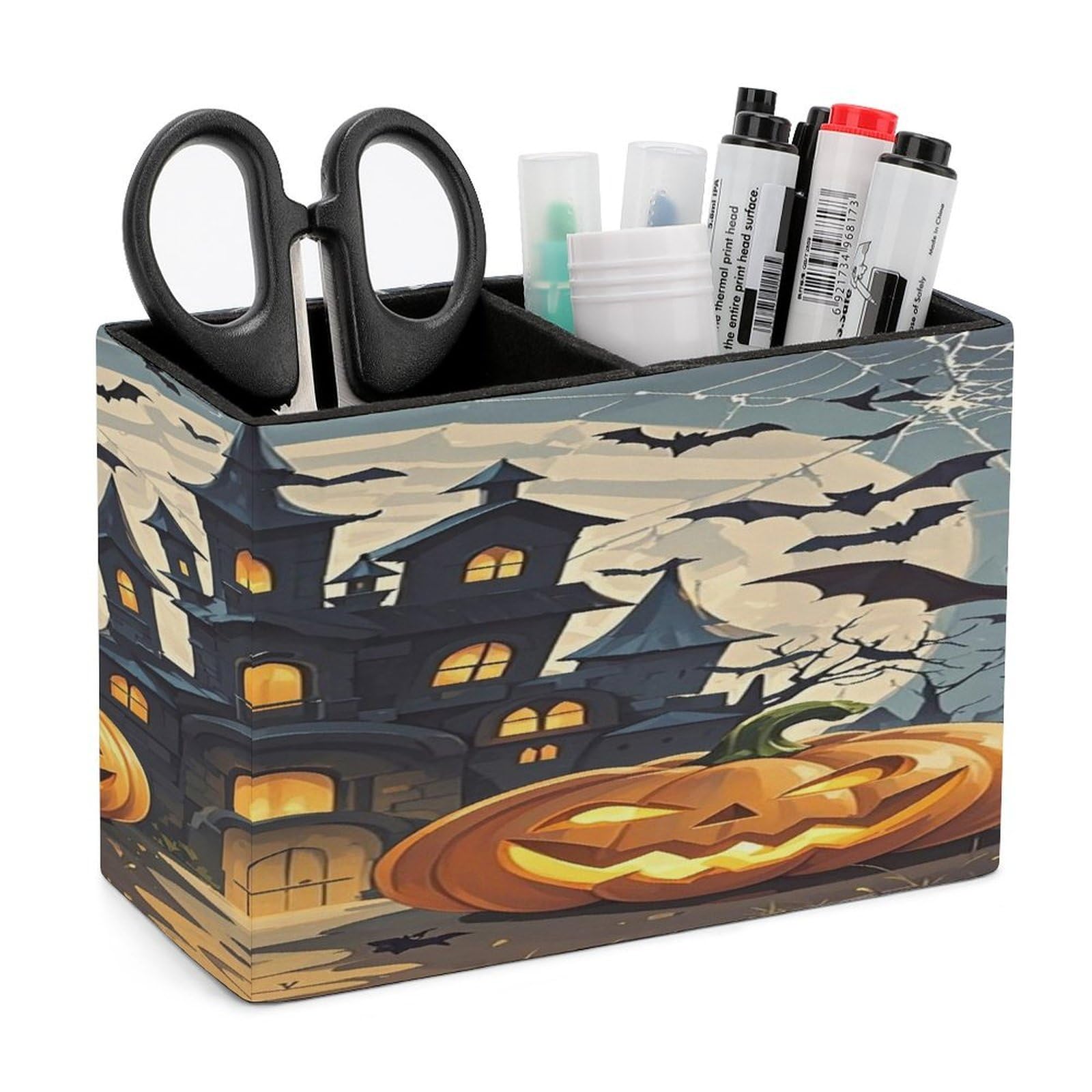 LZQPOEAS Pumpkin Lantern Castle Leather Pen Holder with 2 Compartments Luxury Pencil Holder Minimalist Pencil Cup Brush Scissor Holders Elegant Pen Cup for Office Home Desk Accessories