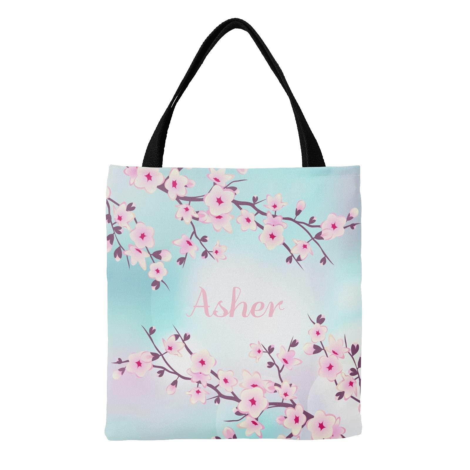 Yeshop Cherry Blossoms Pink Turquoise Personalized Canvas Tote Bags, Reusable Bags for Shopping,Travel,School Handbag Gift, 14.17 inch x 14.57 inch