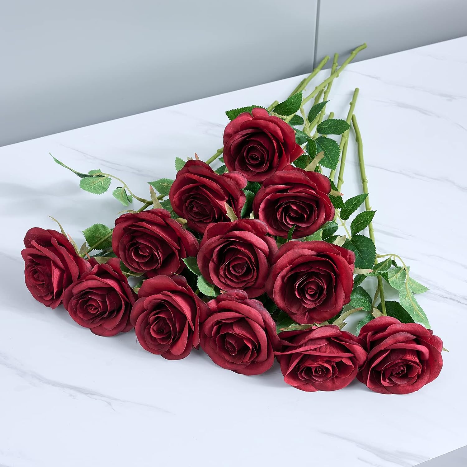 12pcs Roses Artificial Flowers Fake Roses Burgundy Silk Roses Wine Red Silk Flowers Rose with Long Stems for Wedding Home Party Centerpieces Decorations - Image 5
