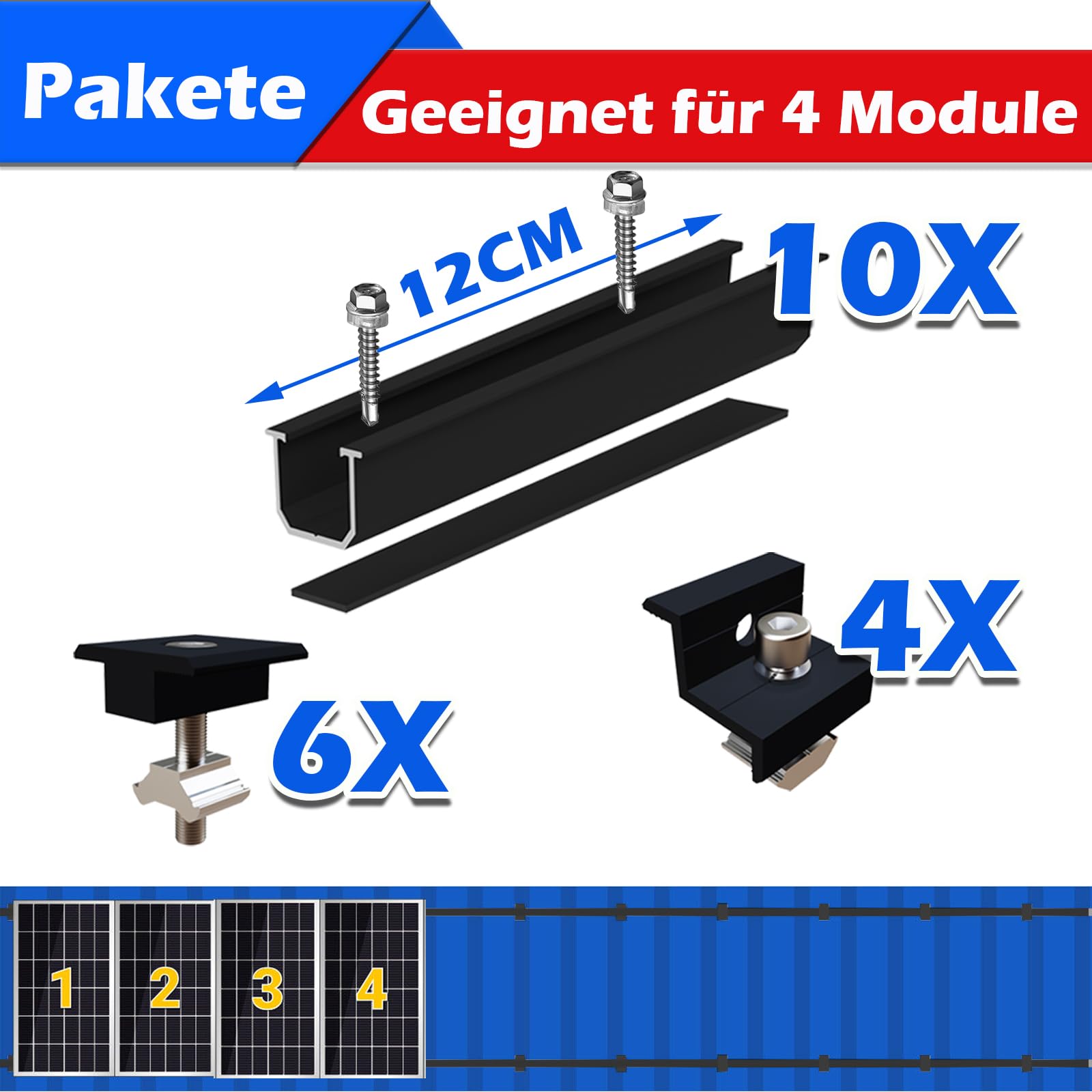 Warmfay Kit di montaggio per modulo solare, profilo in alluminio nero da 12 cm e staffe regolabili, fissaggio per pannello solare, supporto per pannello solare, 4 moduli da 30 a 35 mm per tetto