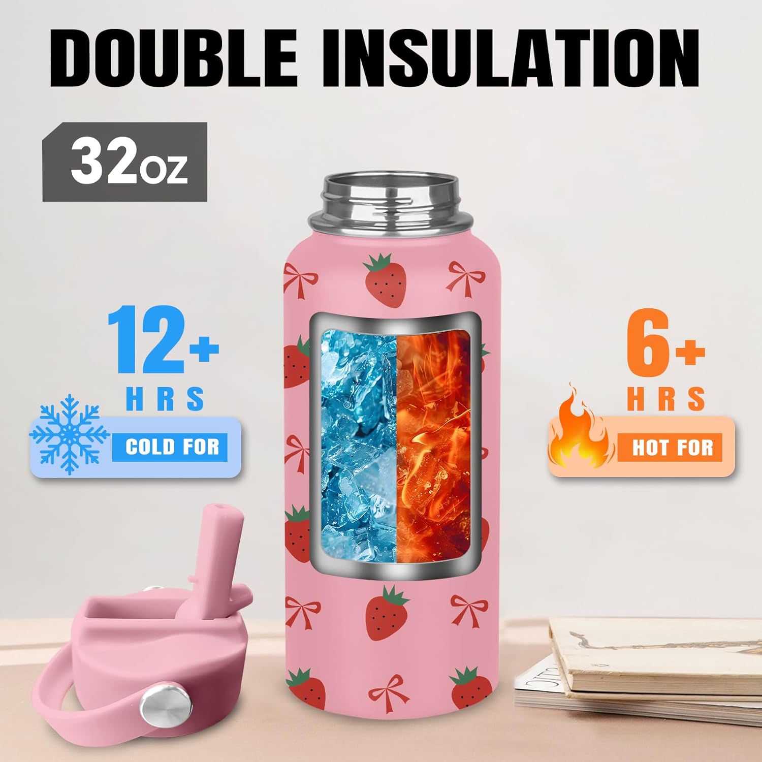 Strawberry Water Bottle Gifts for Women - 32oz Strawberry Themed Insulated Water Bottle with Straw - Christmas Birthday Gifts for Strawberries Lover - Strawberries Bowknot Stainless Steel Coffee Cup - Image 4