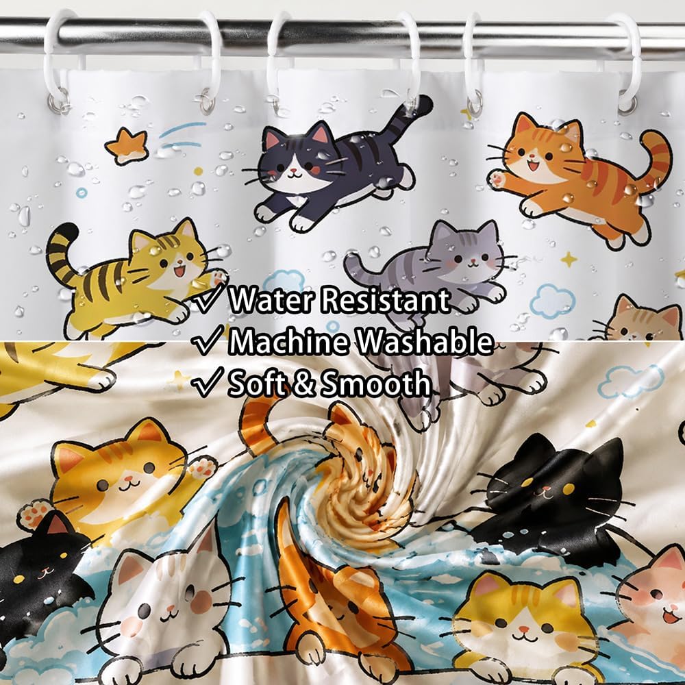 Shower Curtain Funny Cute Cats Shower Curtains with Grommets Premium Polyester Fabric Waterproof Curtain Machine Washable Curtains for Bathroom Bathtub One Piece Long Home Decor Bathroom 71×71 Inch