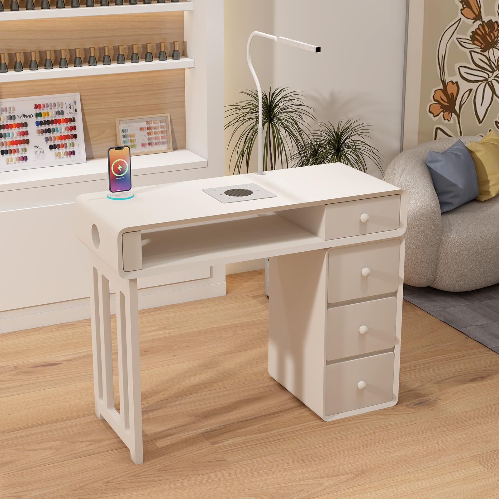 Moderne Maniküre Tisch – Multifunktionaler Nageltisch Mit Absaugung Beleuchtung Kabellosem Laden Und Staubabsaugsystem Für Nagelstudio Tisch Und Den Heimgebrauch (39.37IN/100CM)