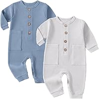 WelcometoYookoom Baby Boys Girls 2-Pack Ribbed Long Sleeve Cotton Blend Rompers - Soft Knit One-Piece Jumpsuits 0-12M