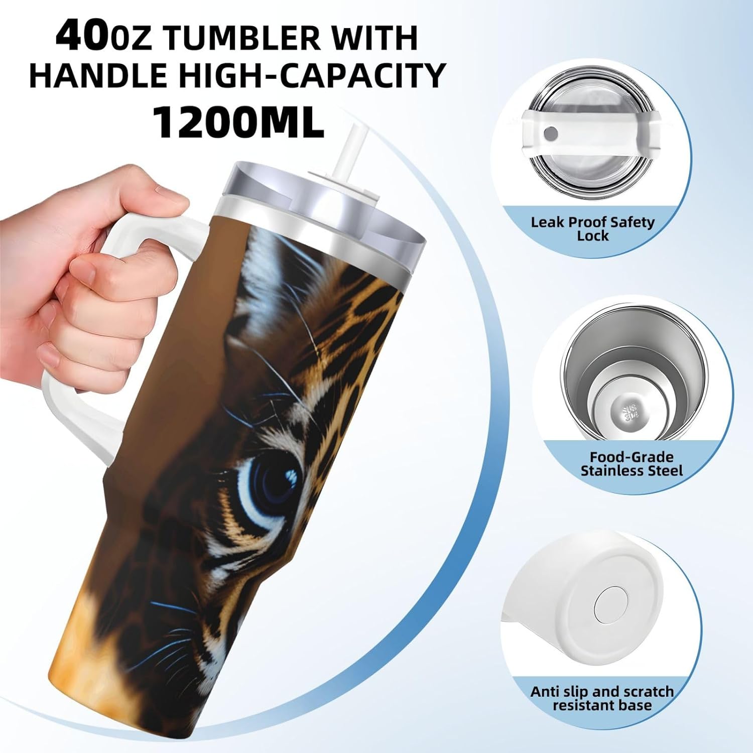 40 OZ Cute Baby Jaguar 1 Print Ice Bully Cup with Handle Straw Lid Straw,Stainless Steel Tumbler Coffee Cup