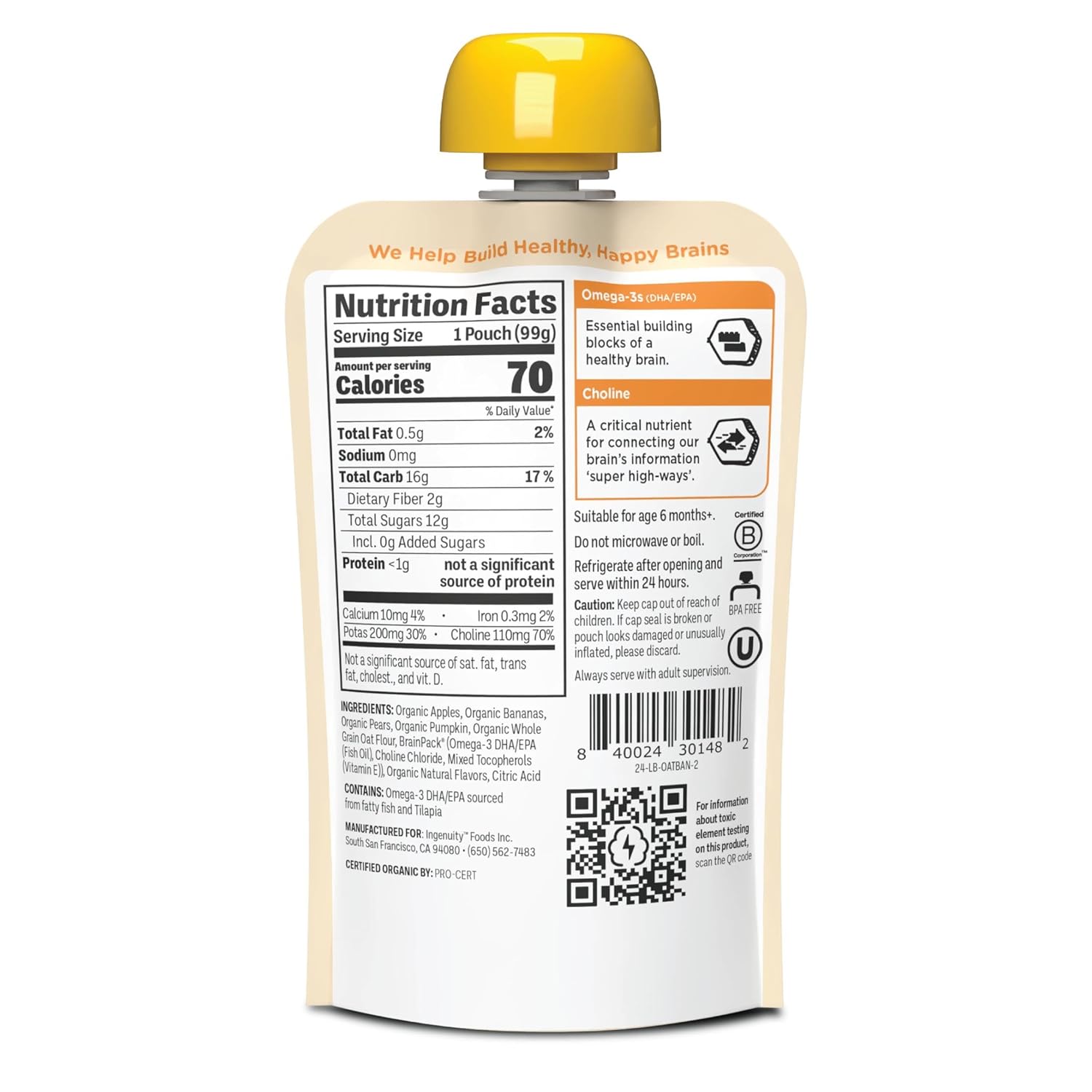 Little Brainiac Breakfast Blend Organic Fruit & Oat Toddler Pouches, Banana Apple Oat with Omega-3s DHA/EPA and Choline, Clean Label, BPA-Free, Non-GMO, 3.5 oz, Pack of 12