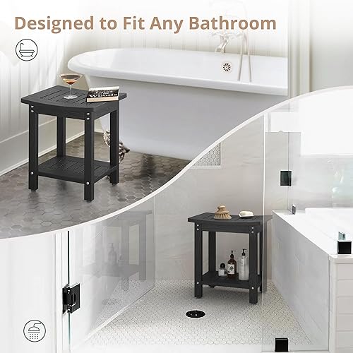 Miniatura 4 de LUE BONA Banco de ducha de polietileno, taburete de ducha negro para ducha interior, impermeable, taburete de ducha de baño, spa, taburete de pie