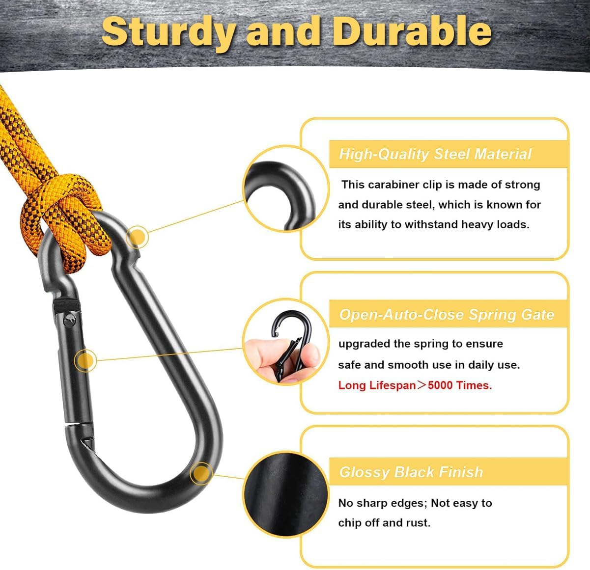 4Pcs M8 Spring Snap Hooks Heavy Duty, 500LBS Quick Link Clip Holding Capacity Spring Clips, Carbon Steel Carabiner for Hammock Swing Outdoor Travel - Image 6