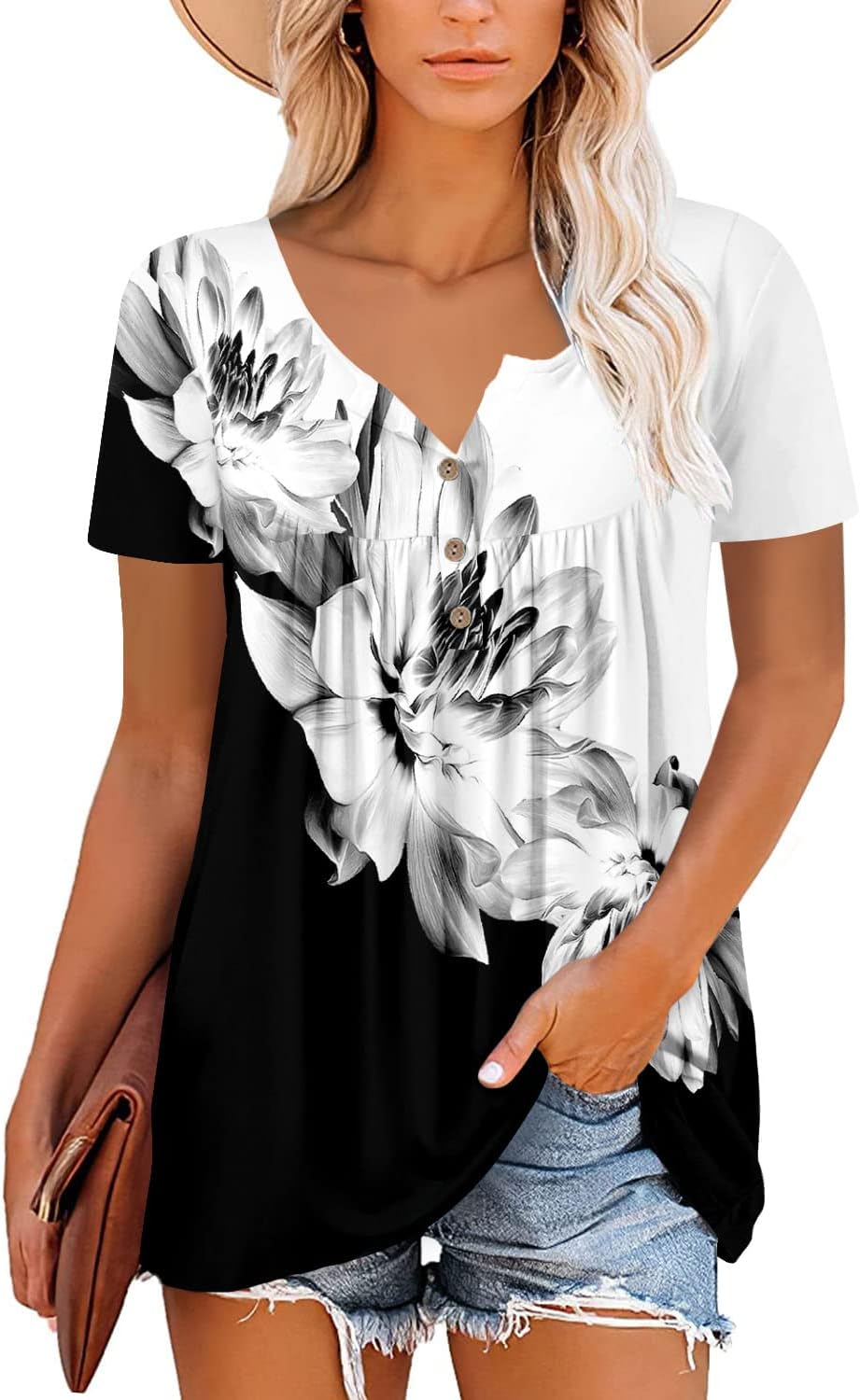 ROSELINLIN Women's Short Sleeve Shirts Floral Summer Tops Loose Fit for Leggings - Image 2