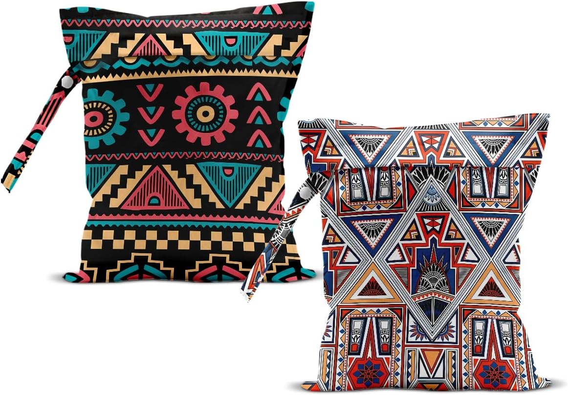 2Pcs Ethnic Print Wet Bags, Wet Dry Bag Reusable Zipper Pouch for Swimsuit, Diapers, Travel, Pool, Beach, Dirty Yoga Gym Clothes, Toiletries, Waterproof Birthday Christmas Gifts