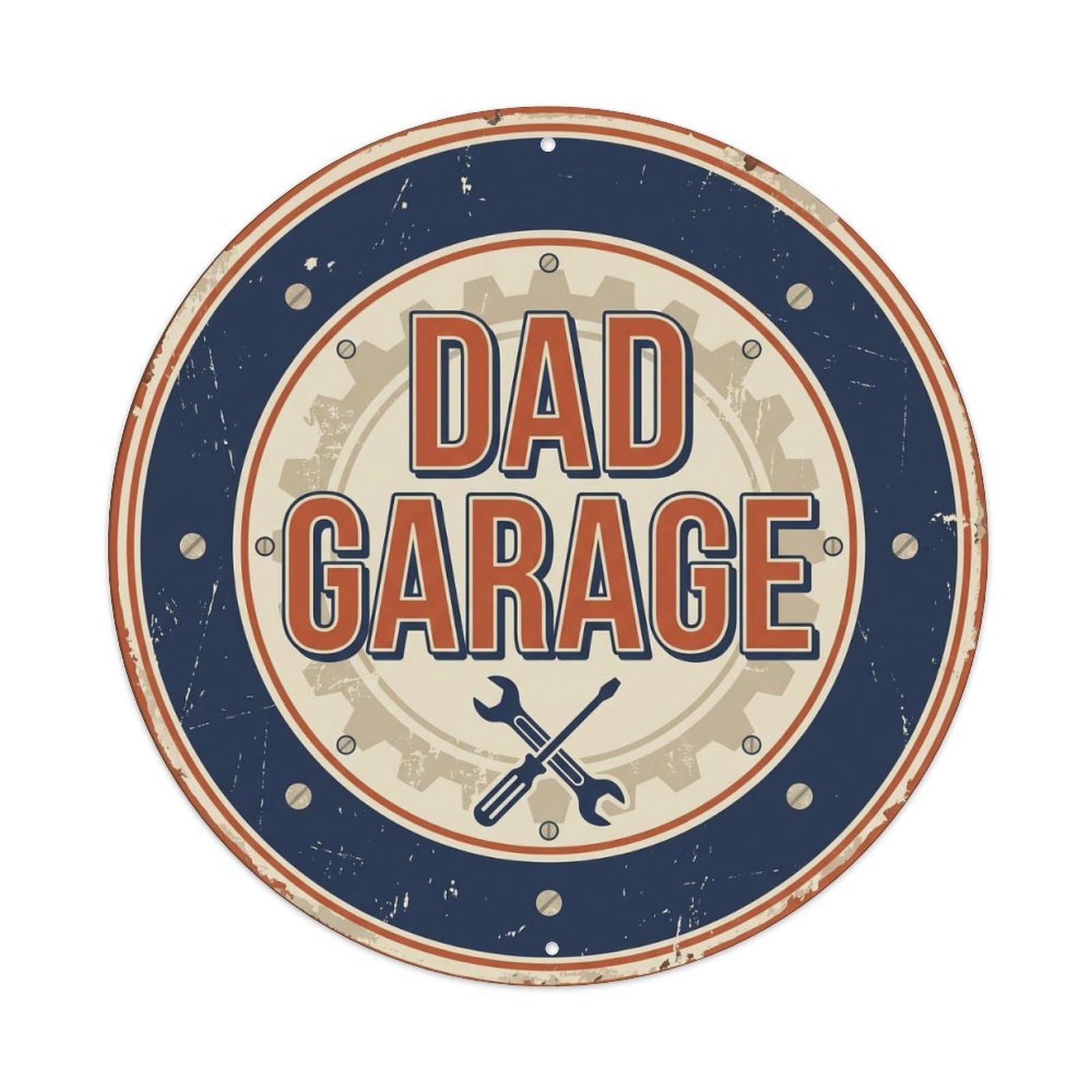 Dad Garage Workshop Quote Rustic Style Screenprint Tool Culture Metal Tin Sign Plaque Wall Decor for Cafe, Man Cave, Club Bar, Office, Home Garden Round Metal Poster 8x8Inch