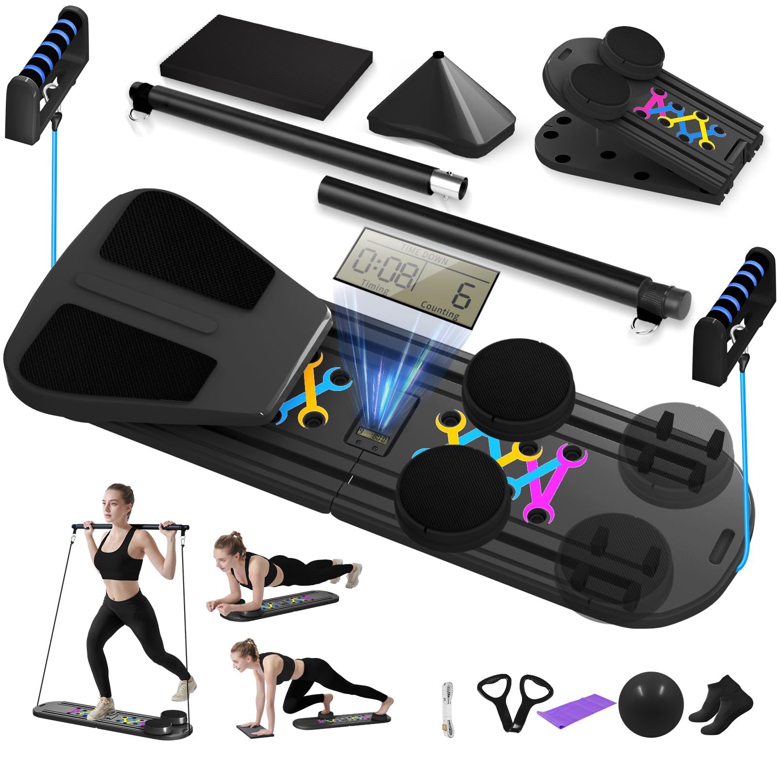 Photo 1 of Pilates Board, Foldable Pilates Reformer Set for Home Workout with Timer, Multifunctional Portable Reformer Pilates Machine at Home Pilates Equipment for Fitness, Exercise, Abs, Core Training (Black)